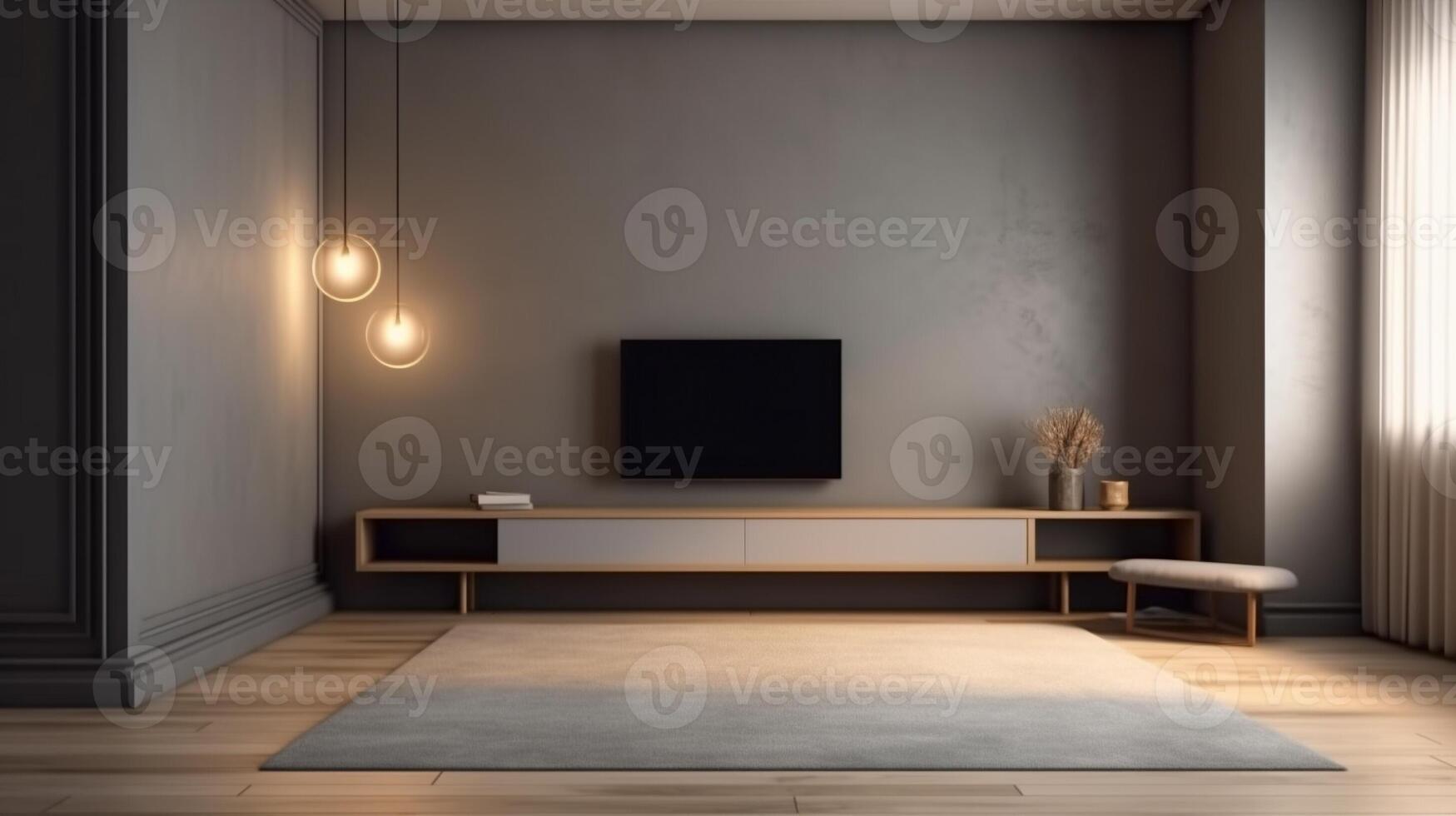 Interior mock up living room. cabinet for TV or place object in modern living room with lamp,table,flower and plant. AI Generative. photo