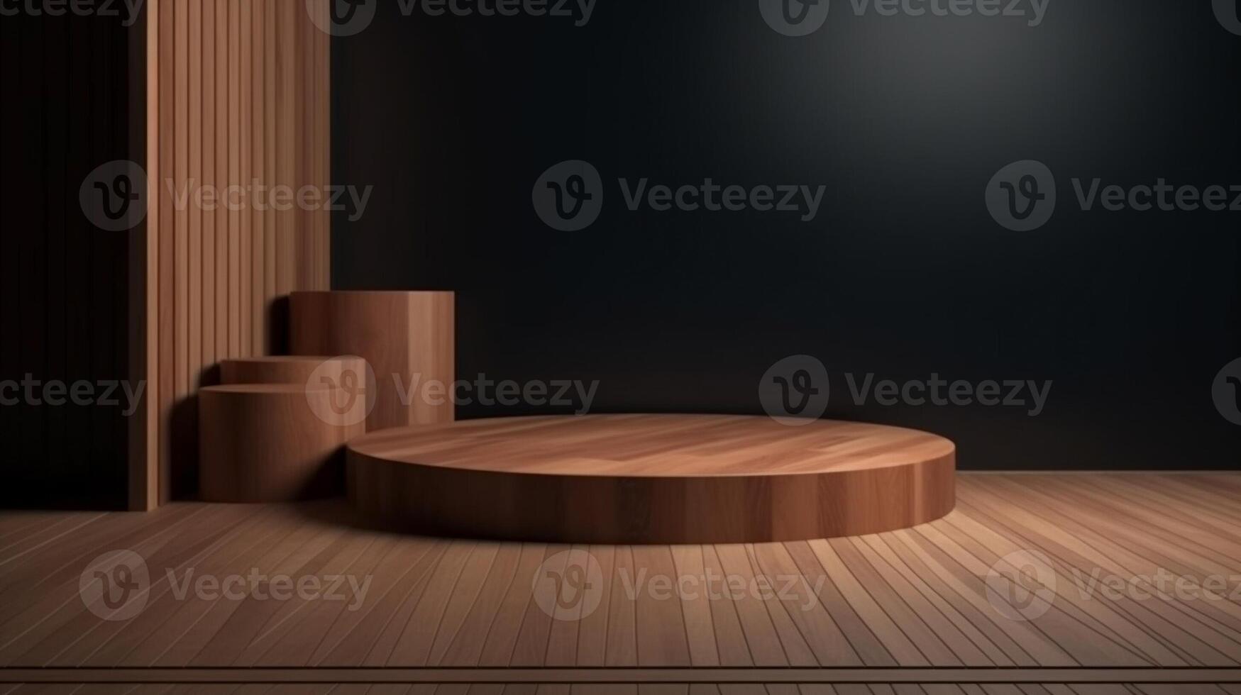 wooden top podium design blocks, cylindrical plinths, concept scenes, stage performances, products, creams, perfumes, with space for text. Modern surreal elements. . photo