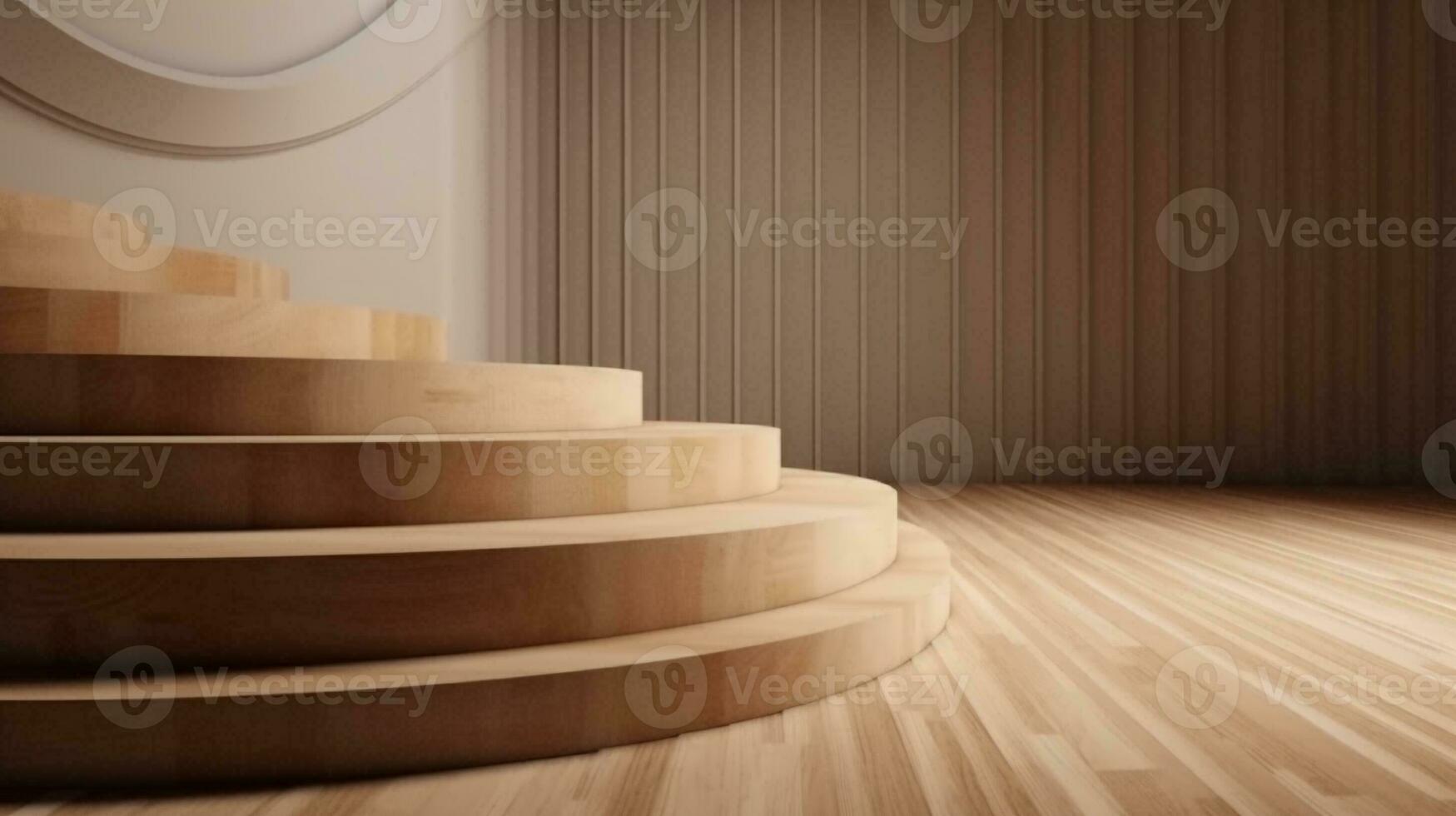 wooden top podium design blocks, cylindrical plinths, concept scenes, stage performances, products, creams, perfumes, with space for text. Modern surreal elements. Generative Ai. photo