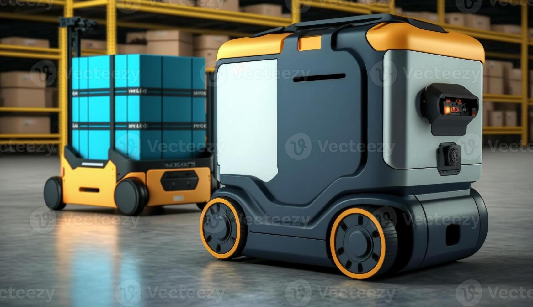 Automated guided vehicle in warehouse Robot transport system with logistics business concept. . photo