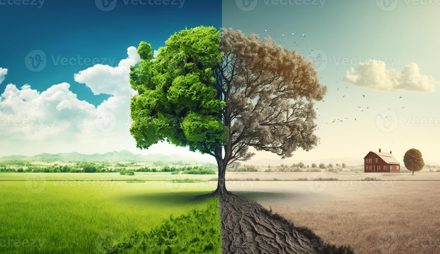 a tree in a green meadow clear air with plants and air pollution that affects climate change. . photo