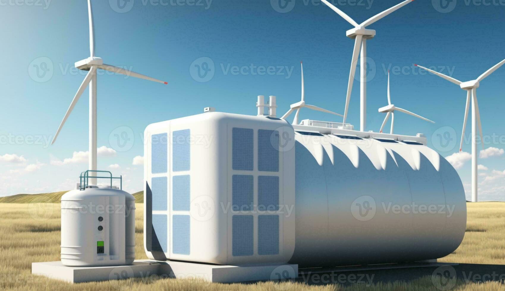 Hydrogen storage tank on small hill with mill turbines and solar power panel, Generative AI. photo