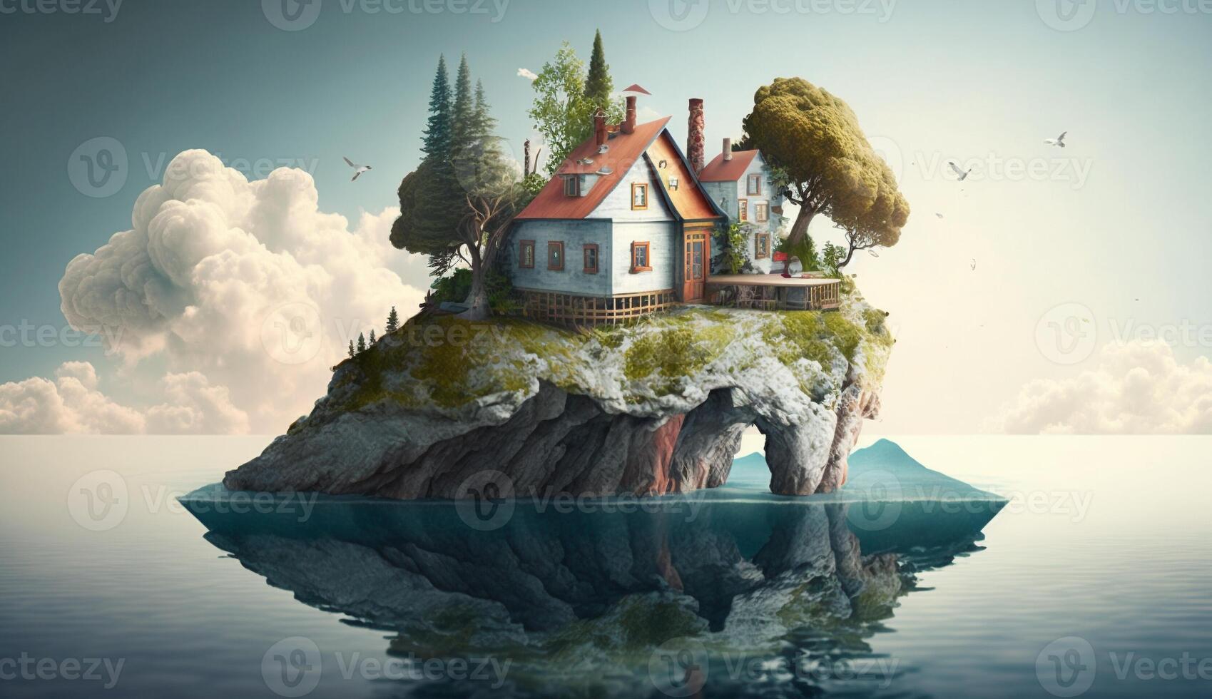Illustration of houses and trees on the island on a bright color background. . photo