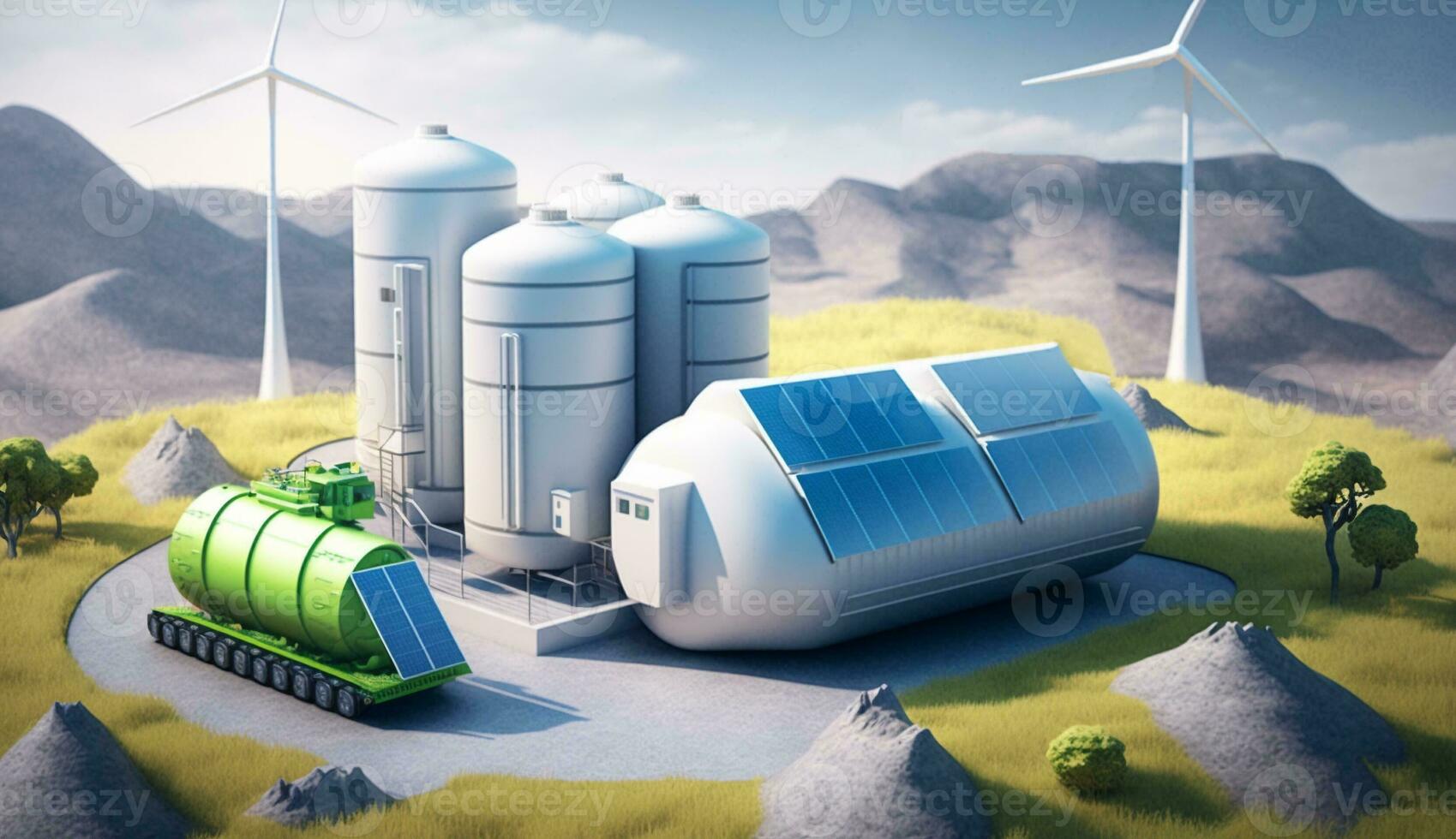 Hydrogen storage tank on small hill with mill turbines and solar power panel, Generative AI. photo