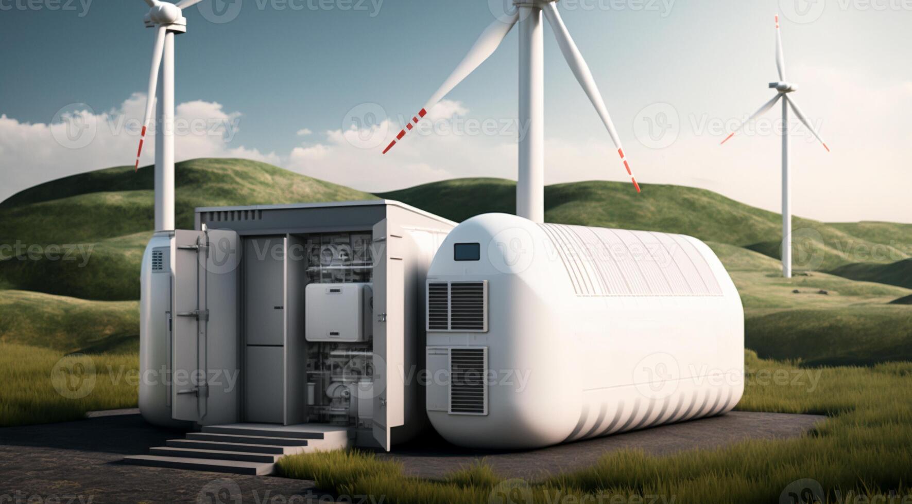 Hydrogen storage tank on small hill with mill turbines and solar power panel, Generative AI. photo