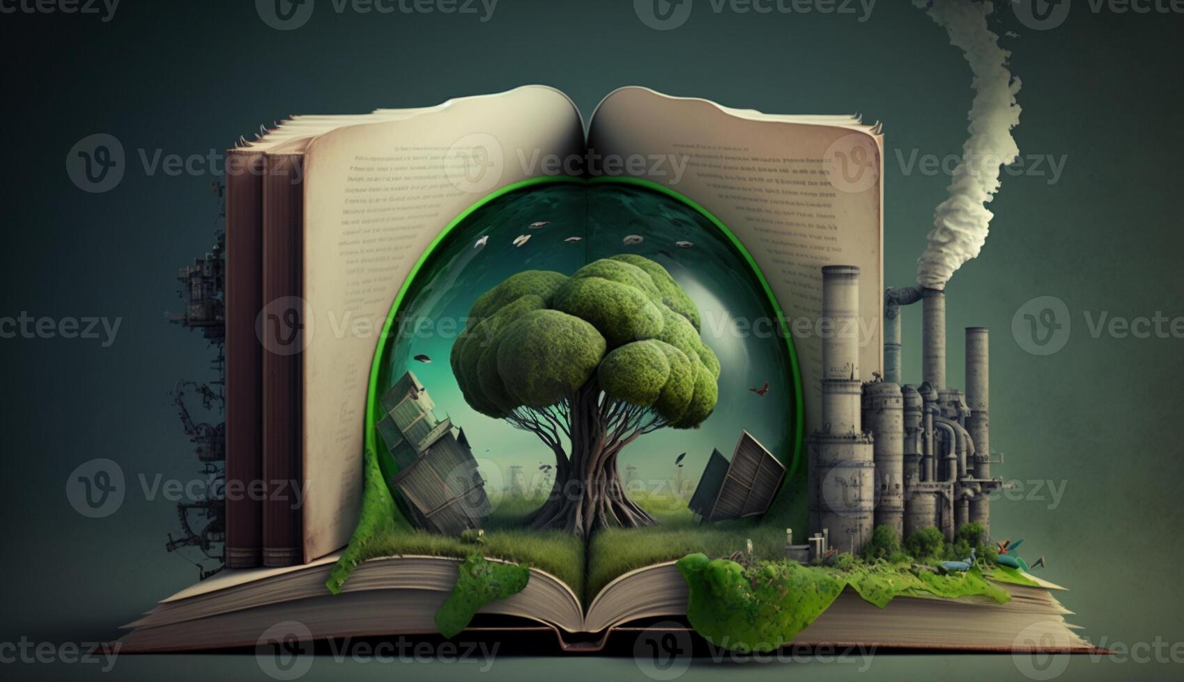 An open fantasy book illustration on the opposite side of the old industrial design polluting with green power and safe earth. . photo