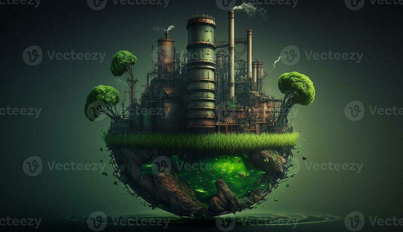Fantasy an old industrial floating island pollutes with green energy and safe earth. Generative AI. photo