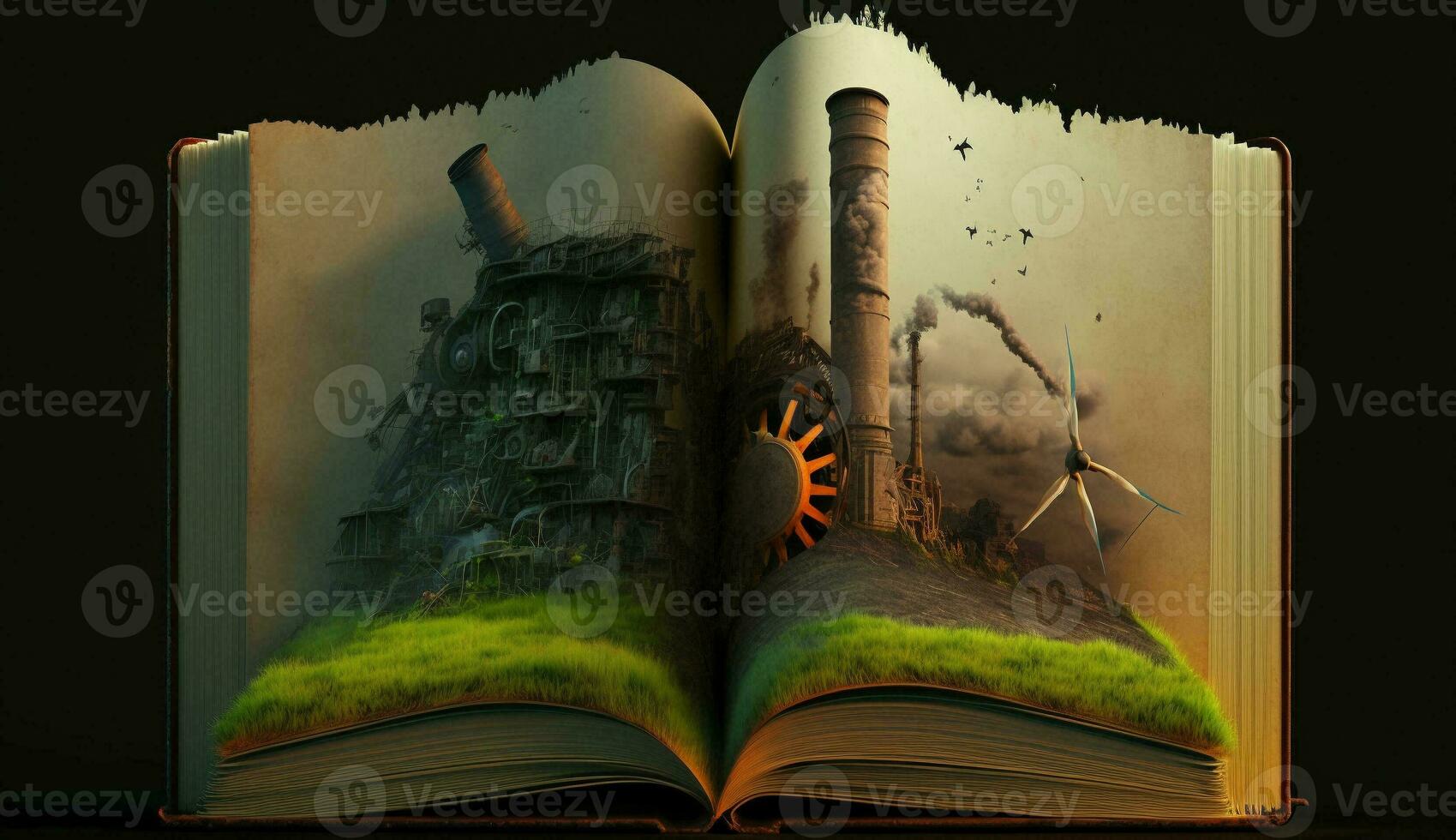 An open fantasy book illustration on the opposite side of the old industrial design polluting with green power and safe earth. AI Generative. photo