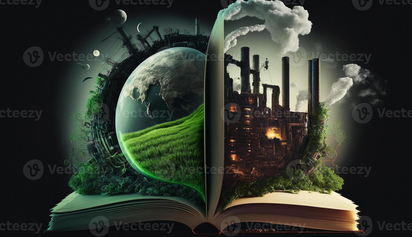 An open fantasy book illustration on the opposite side of the old industrial design polluting with green power and safe earth. . photo