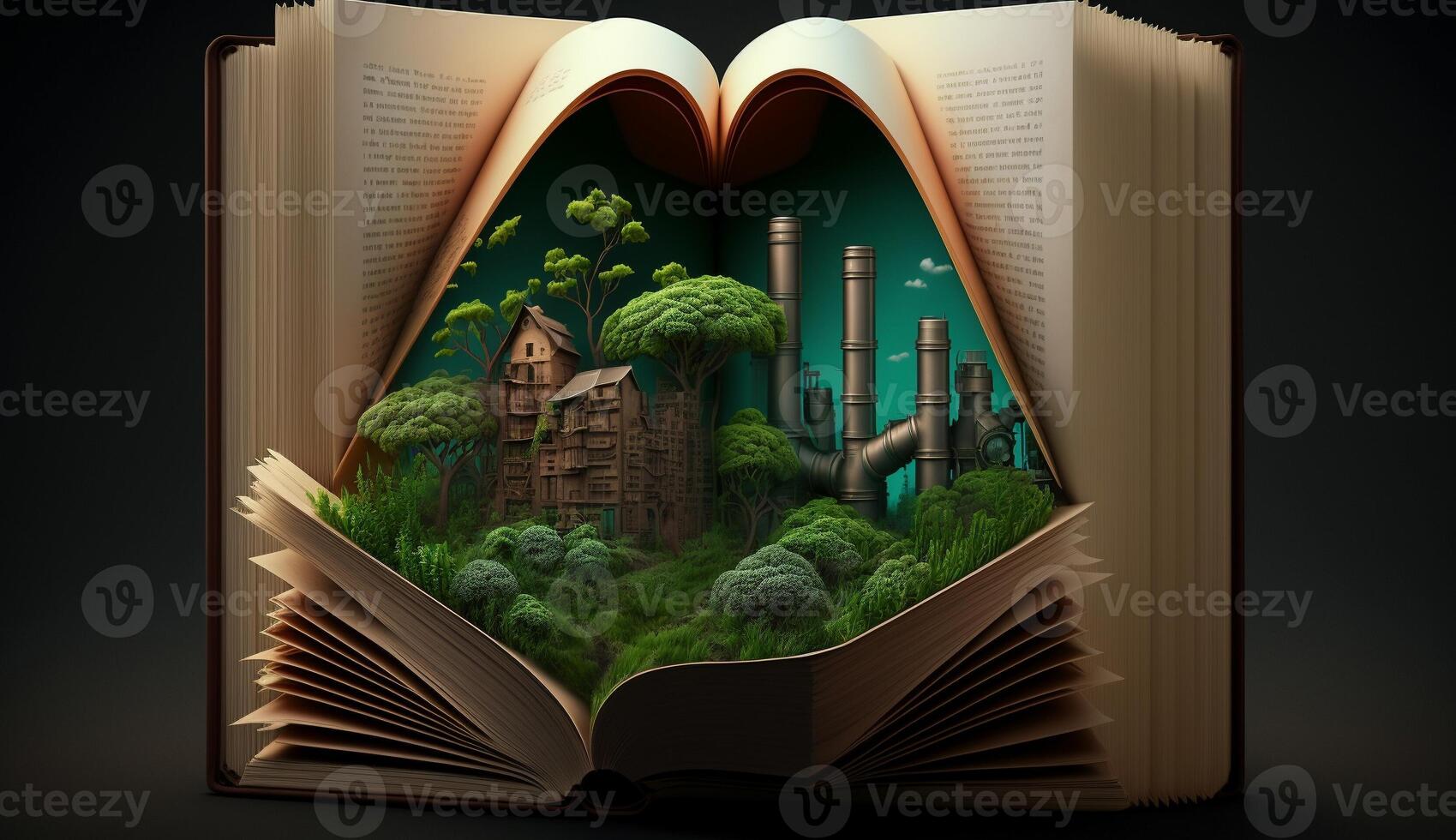 An open fantasy book illustration on the opposite side of the old industrial design polluting with green power and safe earth. . photo