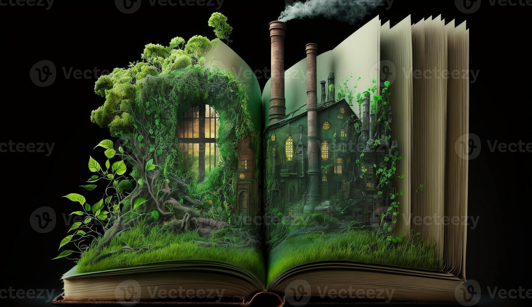 An open fantasy book illustration on the opposite side of the old industrial design polluting with green power and safe earth. AI Generative. photo