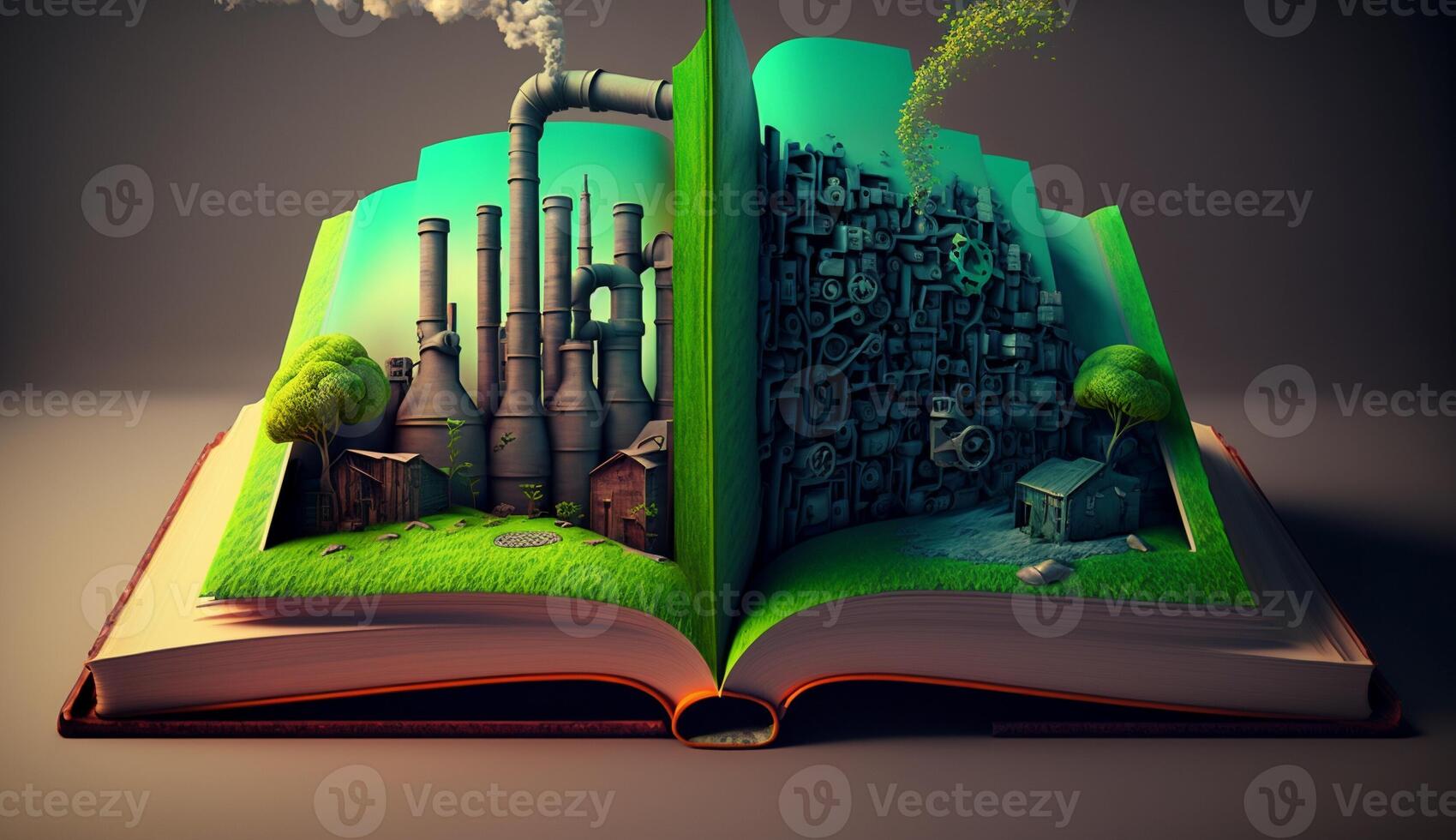 An open fantasy book illustration on the opposite side of the old industrial design polluting with green power and safe earth. . photo