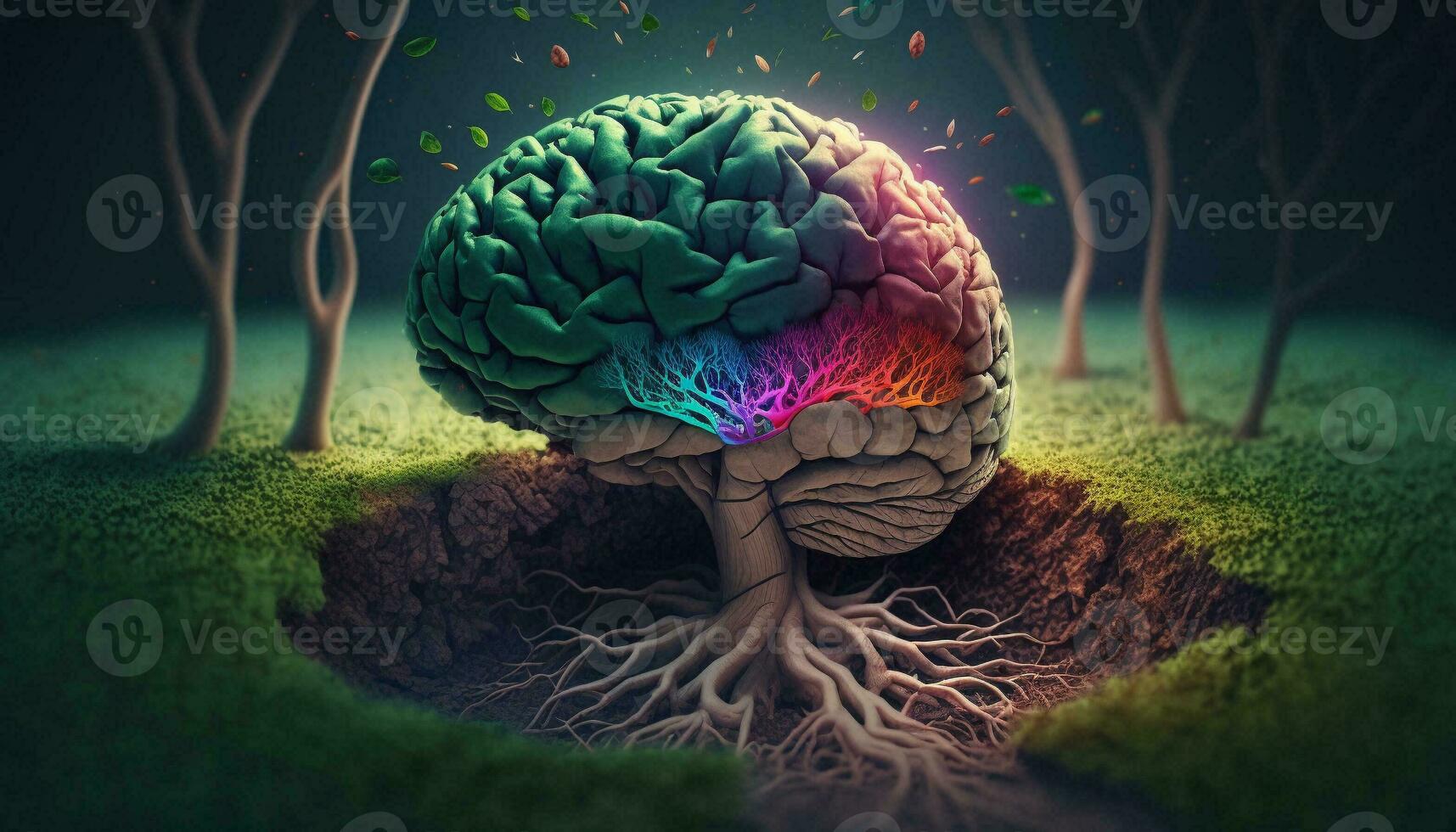 hermosa ilustración de el simbólico magia árbol de vida.la humano cerebro estallidos dentro vistoso árbol raíces. generativo ai. foto