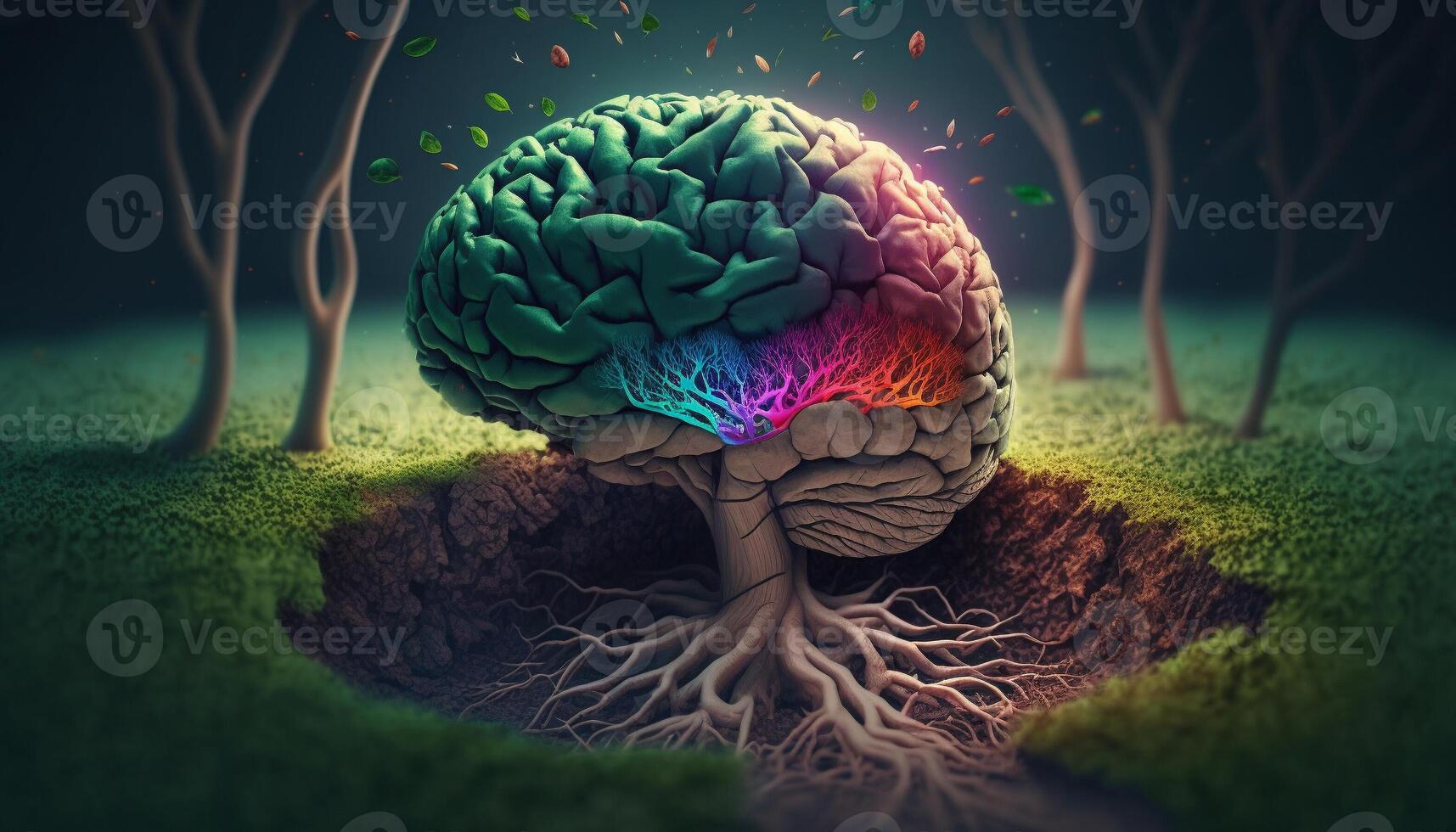 Beautiful illustration of the symbolic magic tree of life.The human brain bursts into colorful tree roots. . photo