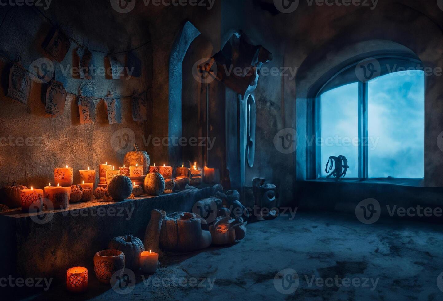 Display of candle lit carved halloween pumpkins in stone room with spider webs and eerie signs lit with blue and red light. . photo