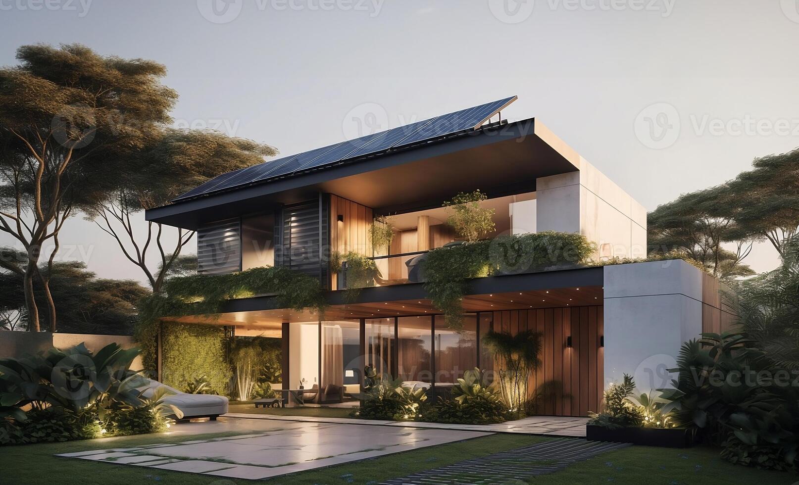 A mockup of a luxury house with solar panels and a shaded facade. AI Generative. photo