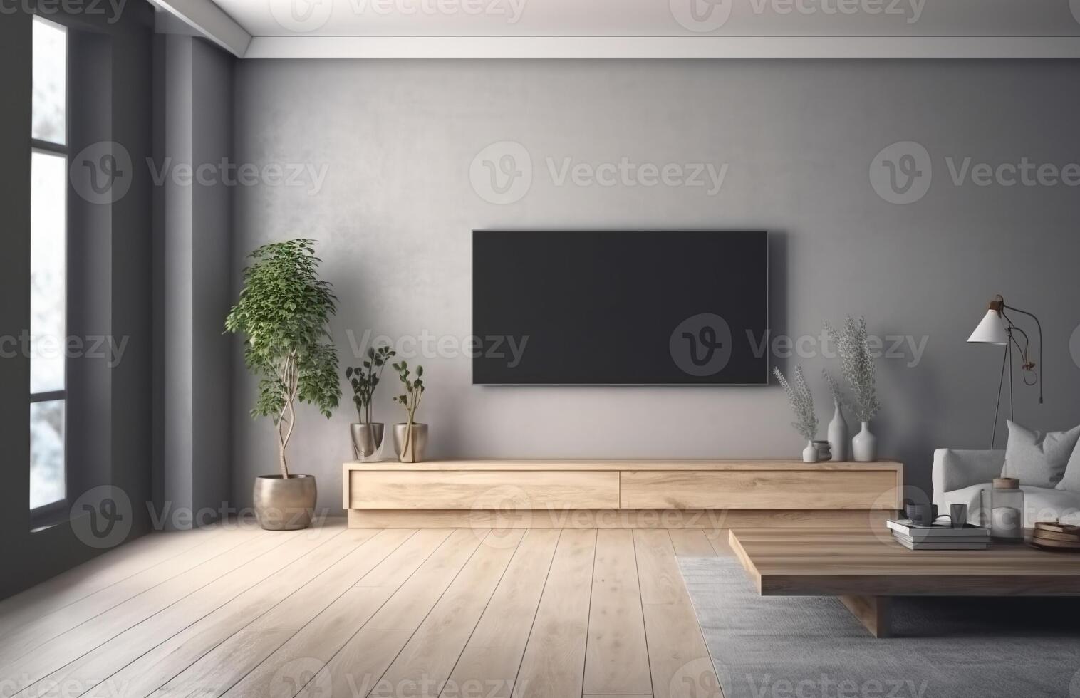 Interior mock up living room. cabinet for TV or place object in modern living room with lamp,table,flower and plant. AI Generative. photo