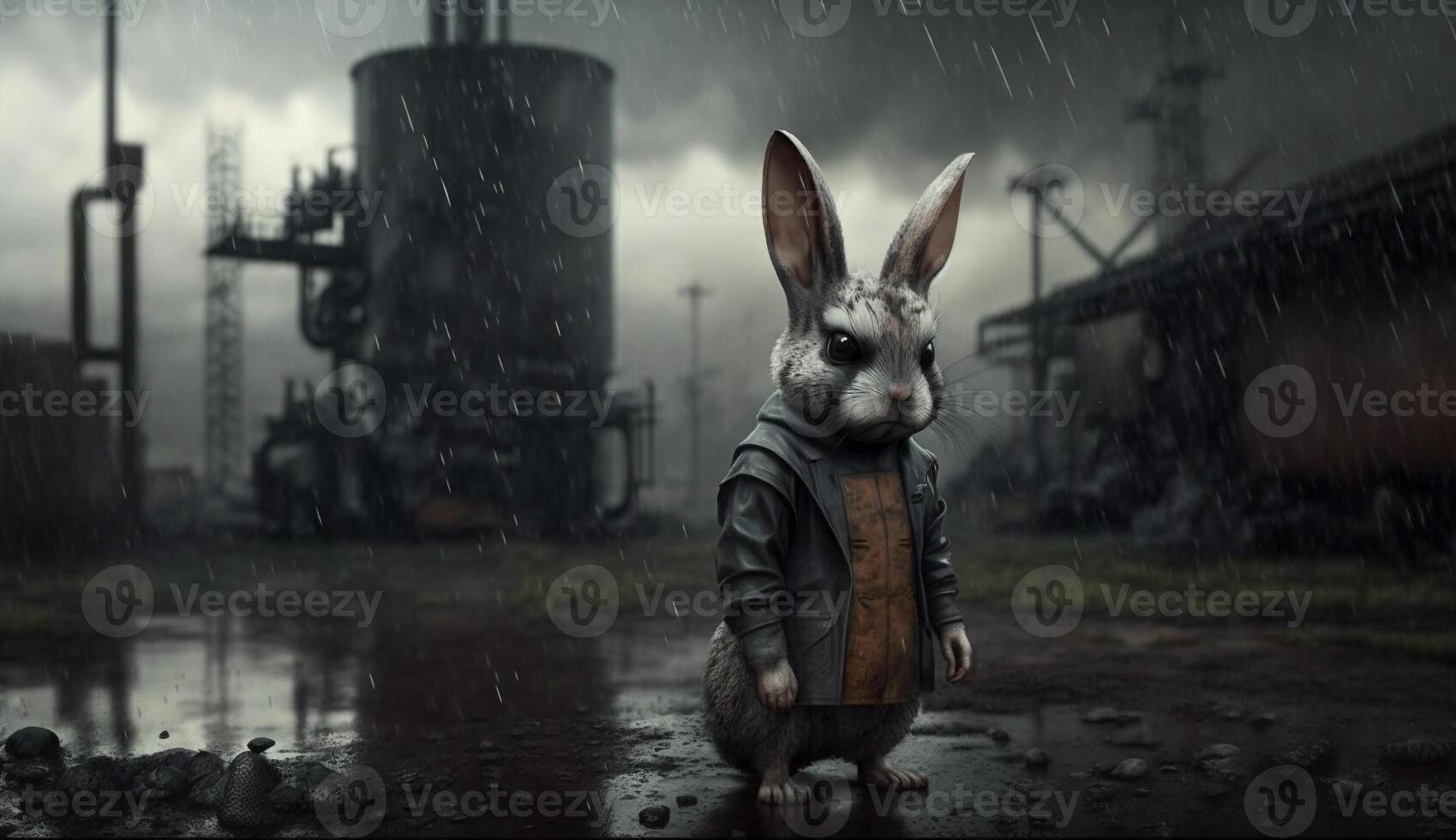 little Rabbit standing in front Toxic mass from chemical. . photo