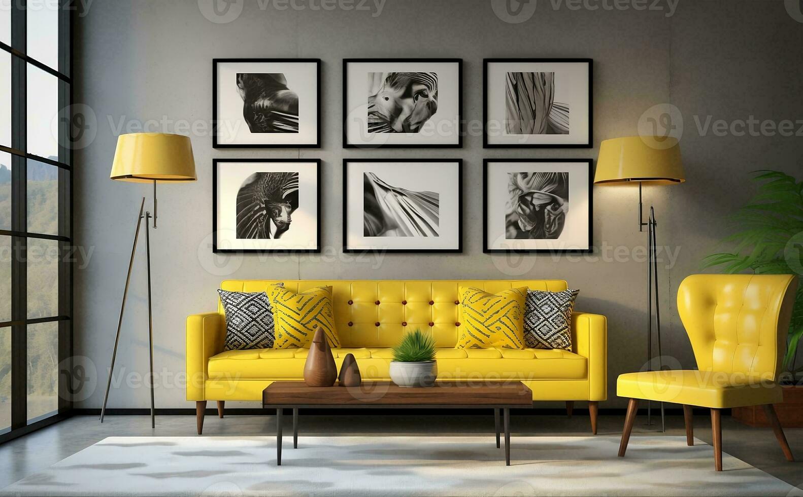 Modern living room illustration with sofa  and vintage art prints. AI Generative. photo