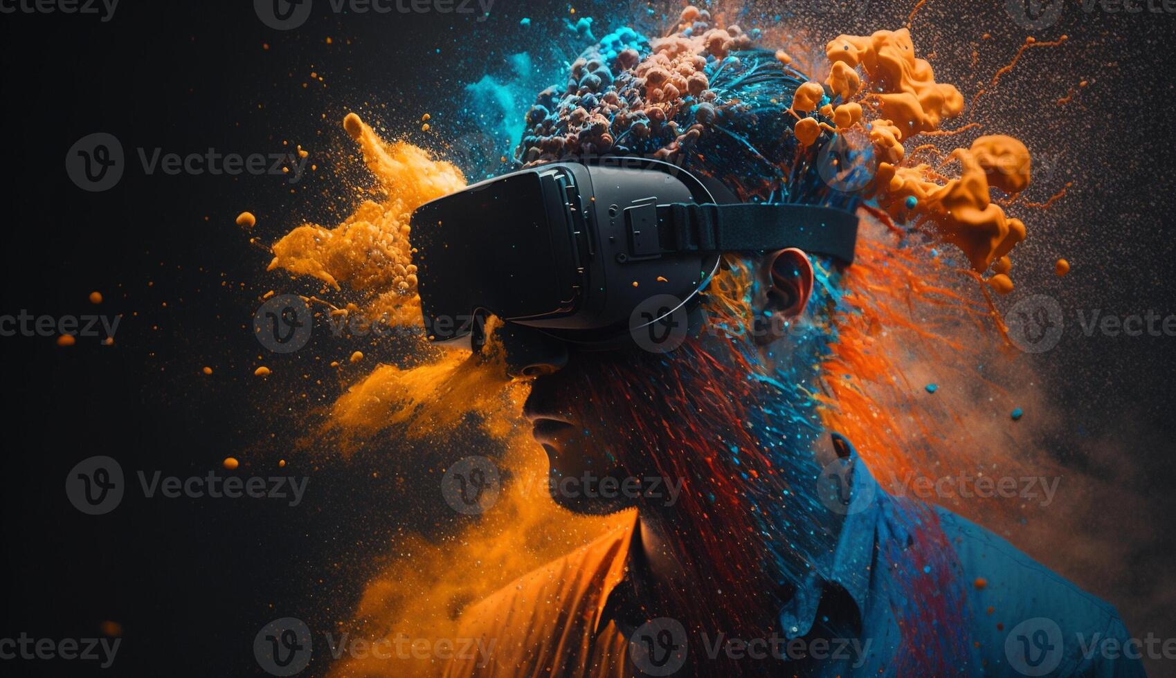 Young man using virtual reality headset. VR glasses, futuristic, technology, online education, education, game concept. . photo
