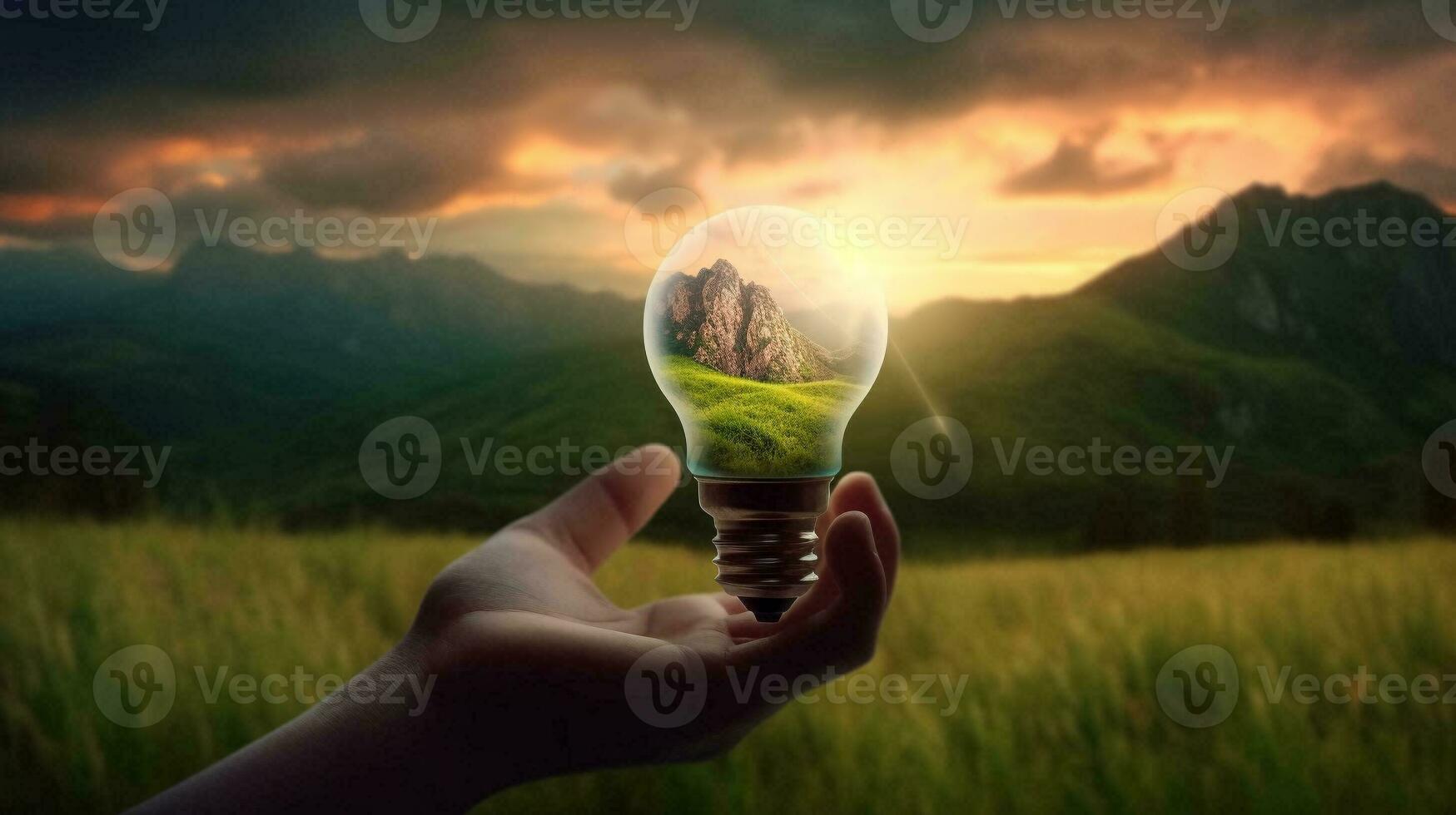 Holding a light bulb on grass with nature energy concept. AI Generative. photo