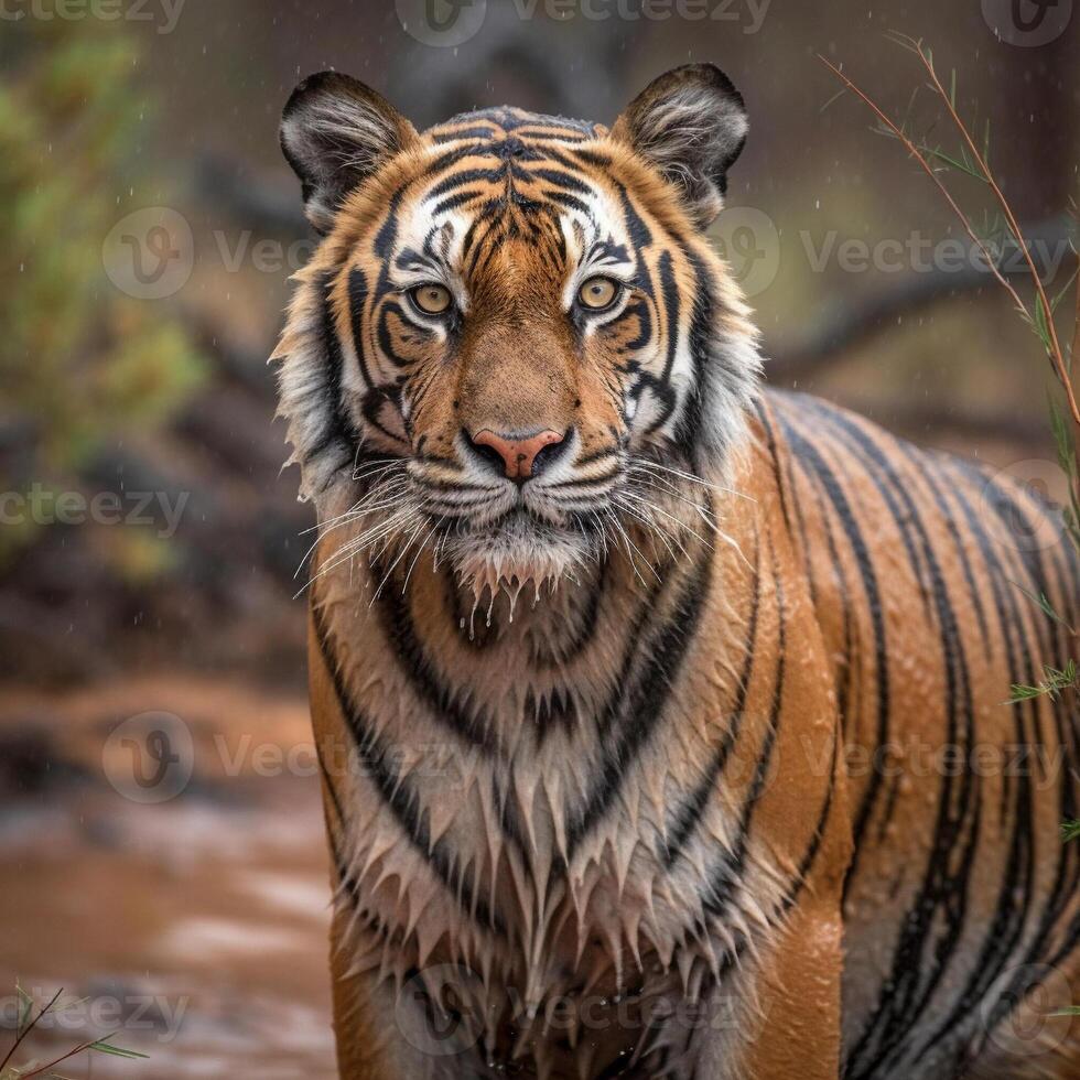 indio masculino Tigre con primero lluvia fauna silvestre en natural habí. generativo ai. foto