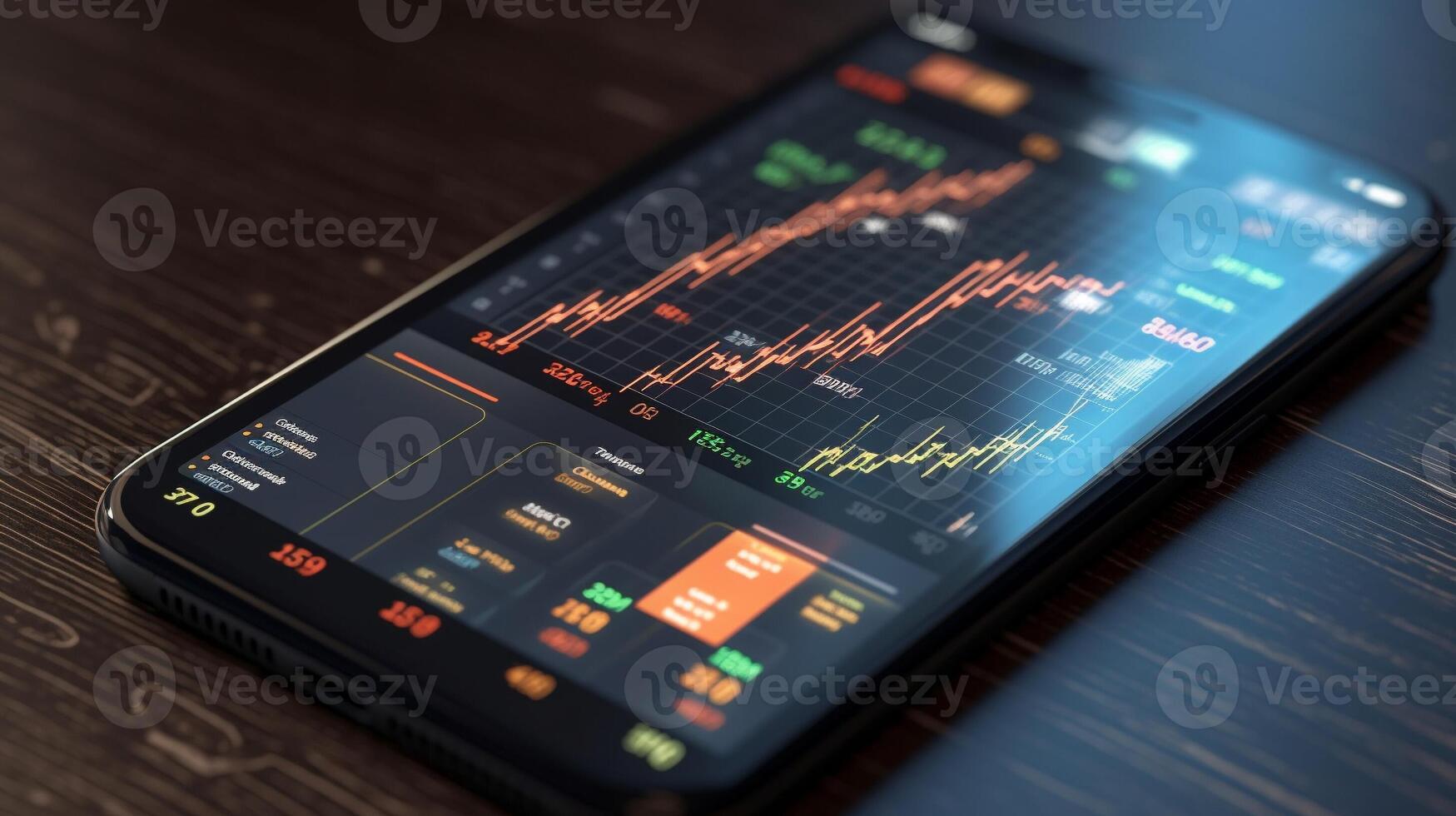 Smart phone mock up with trading applications designed 3D. . photo