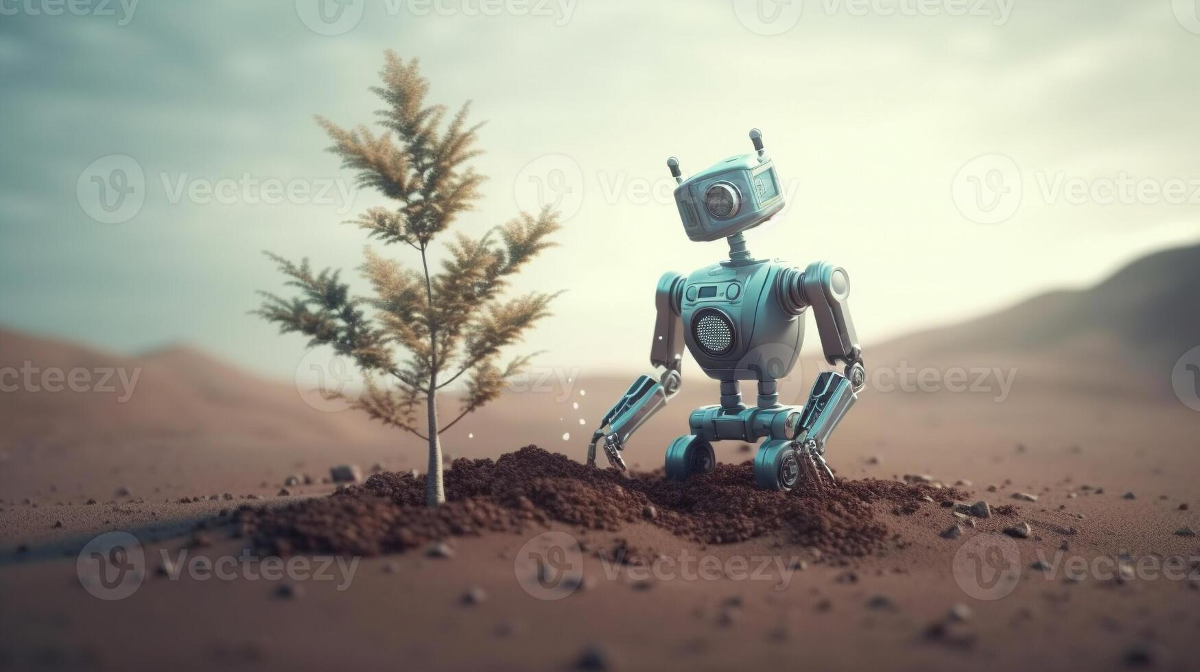 Robot holding a light bulb with a small plant on the ground and sunlight, Concept of saving energy with nature. . photo