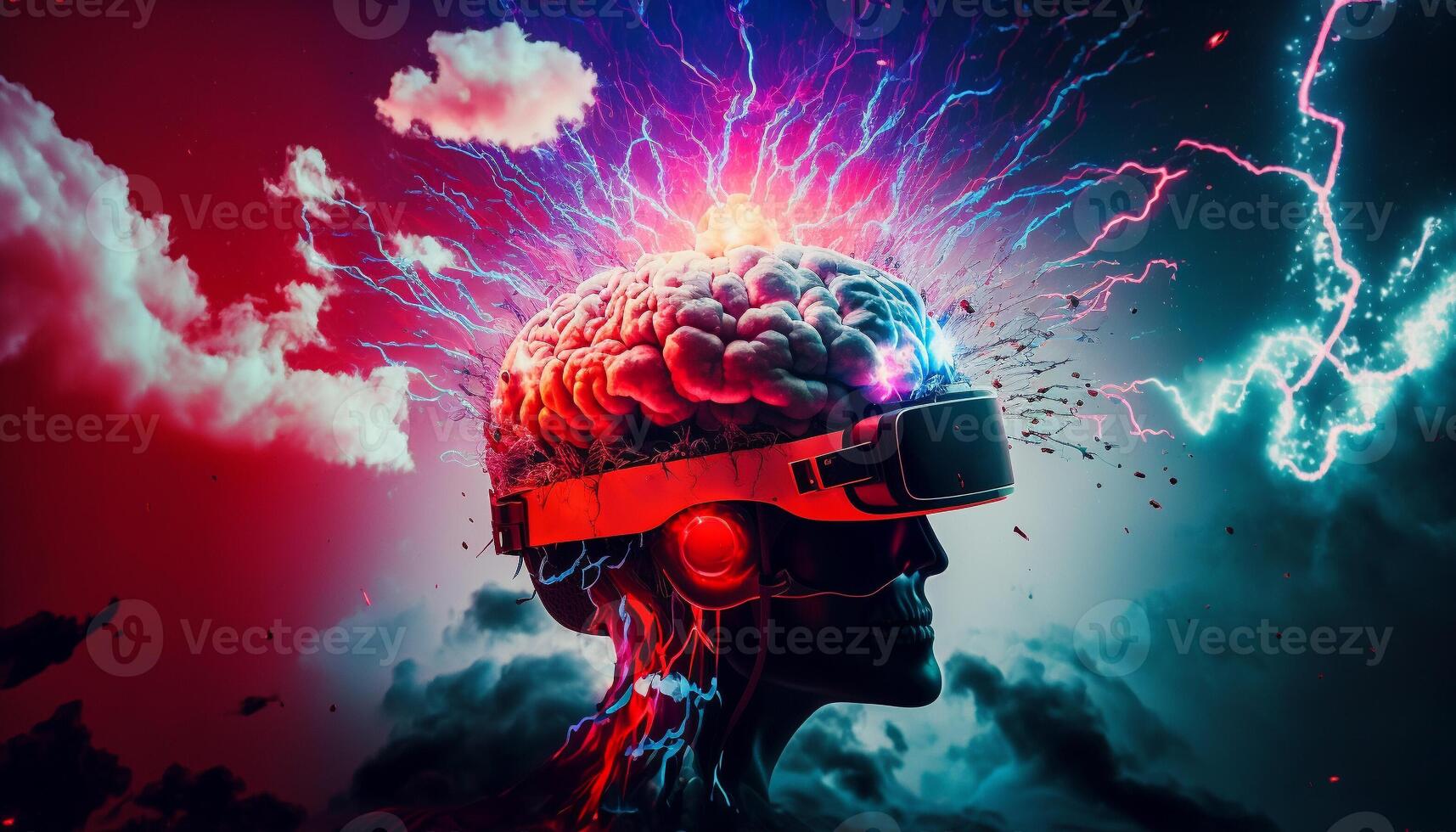 Artistic illustration of human brain, VR glasses, lightning, full of knowledge and creativity. . photo