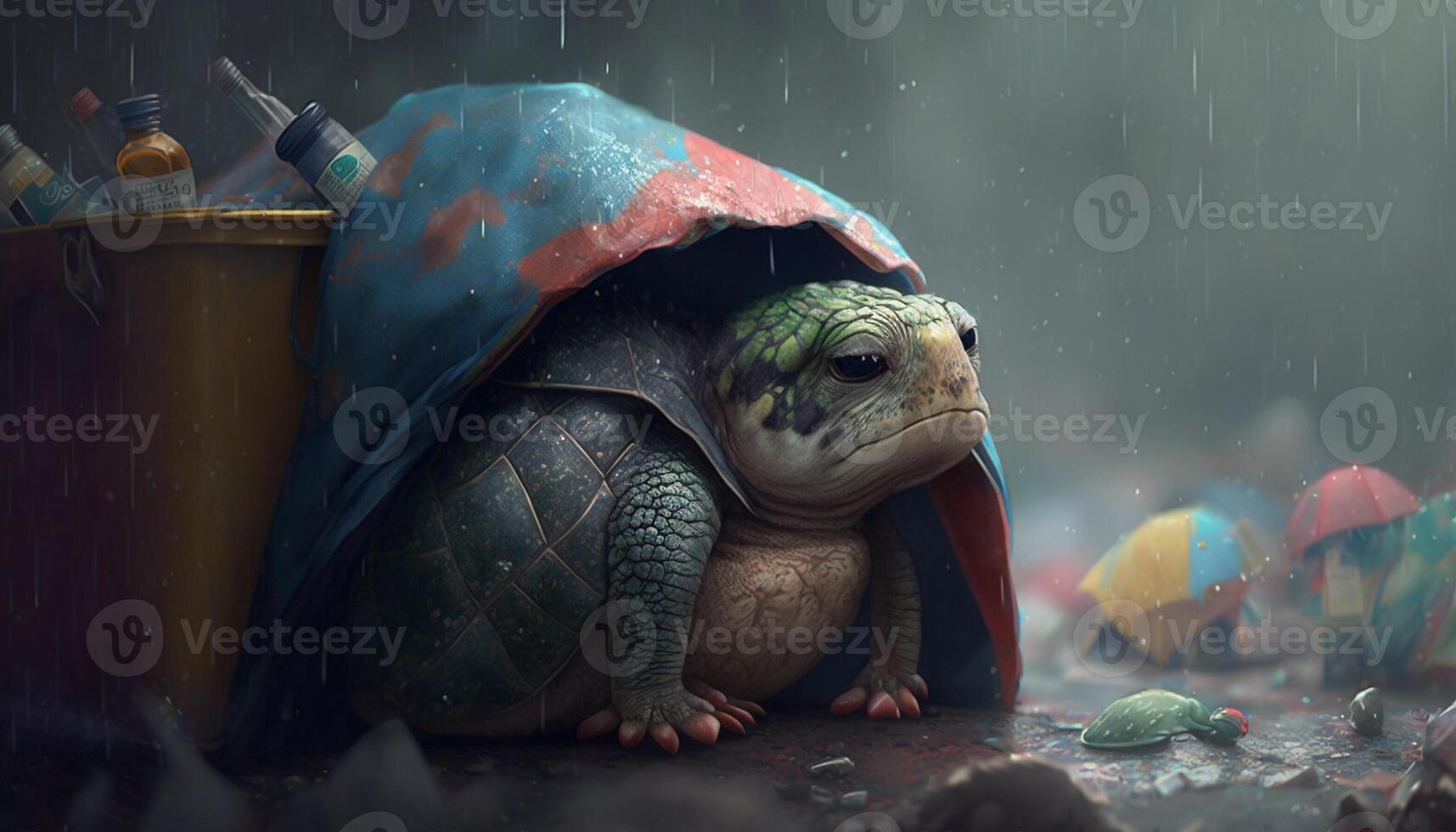 A turtle sleeps among the piles of plastic waste and the rain. concept of saving the world. Generative AI. photo