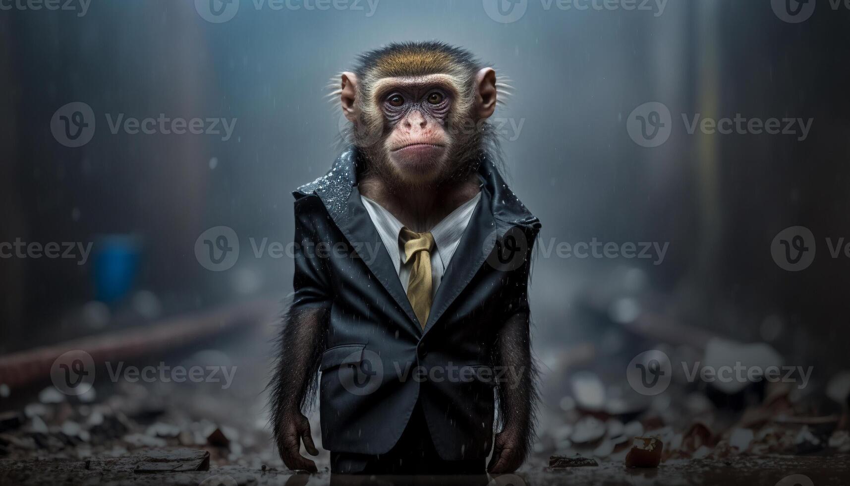 A monkey standing among the piles of plastic waste and the rain,Concept of saving the world. Generative AI. photo