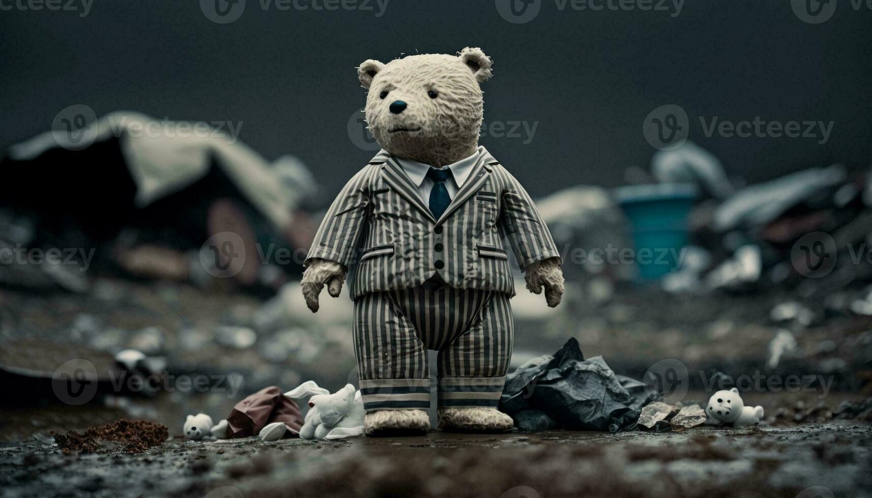 A bear stands in the middle of a pile of plastic waste. looking for food and shelter Concept of saving the world. Generative AI. photo