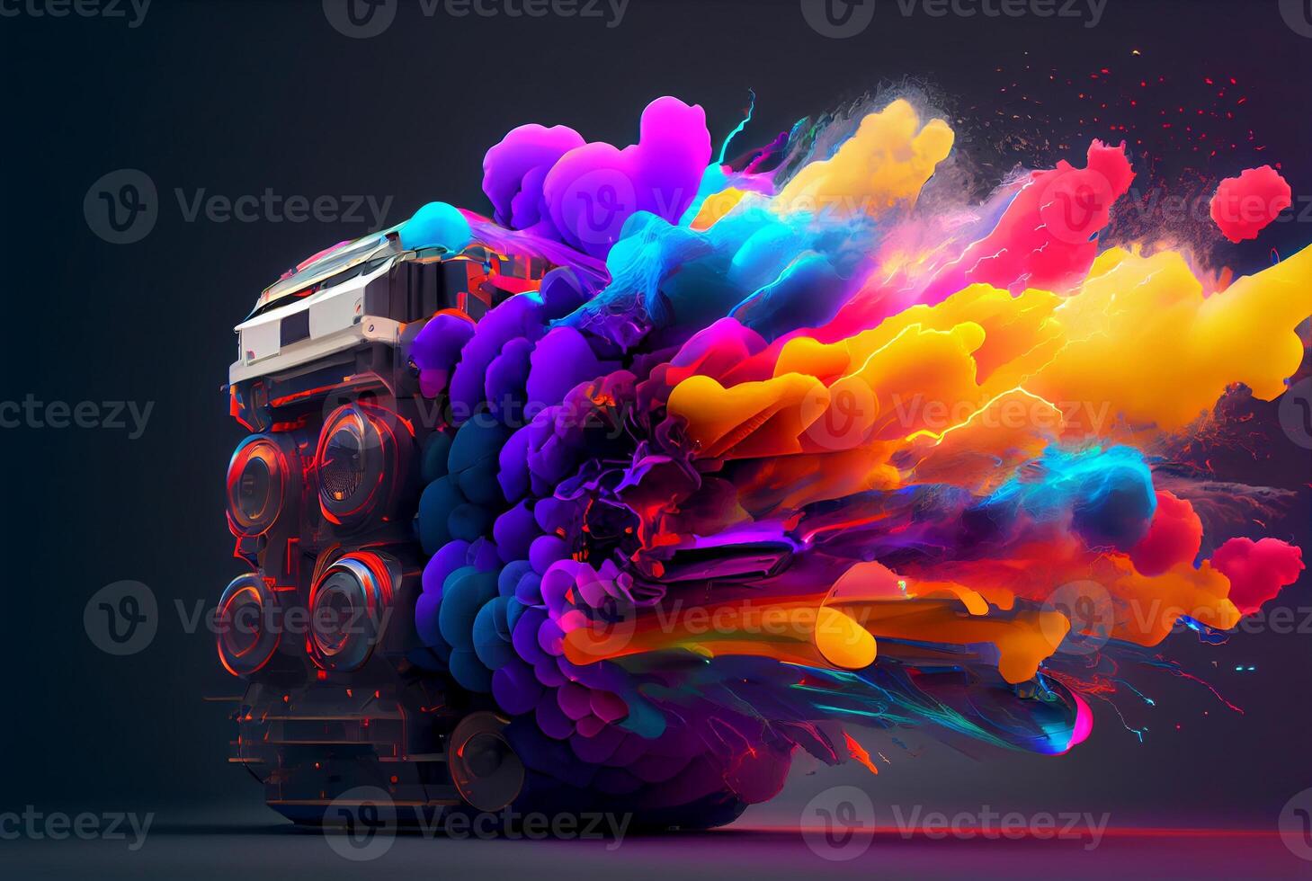 Colorful lightning speaker explosion,dark background. Generative AI. photo