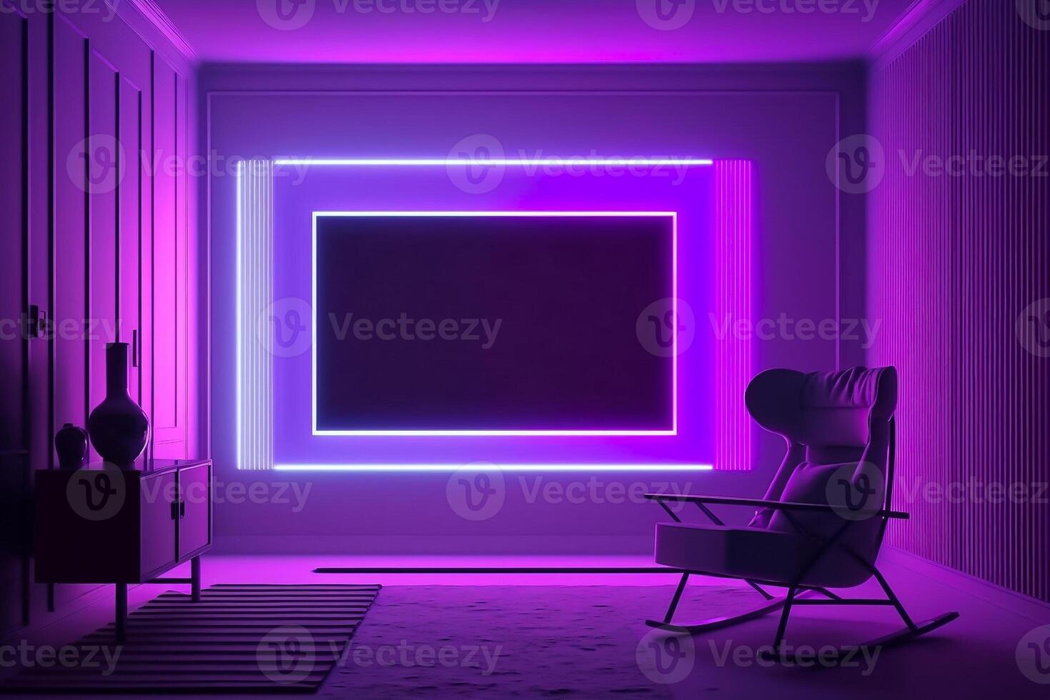 Recording studio with neon lights in projection. . photo