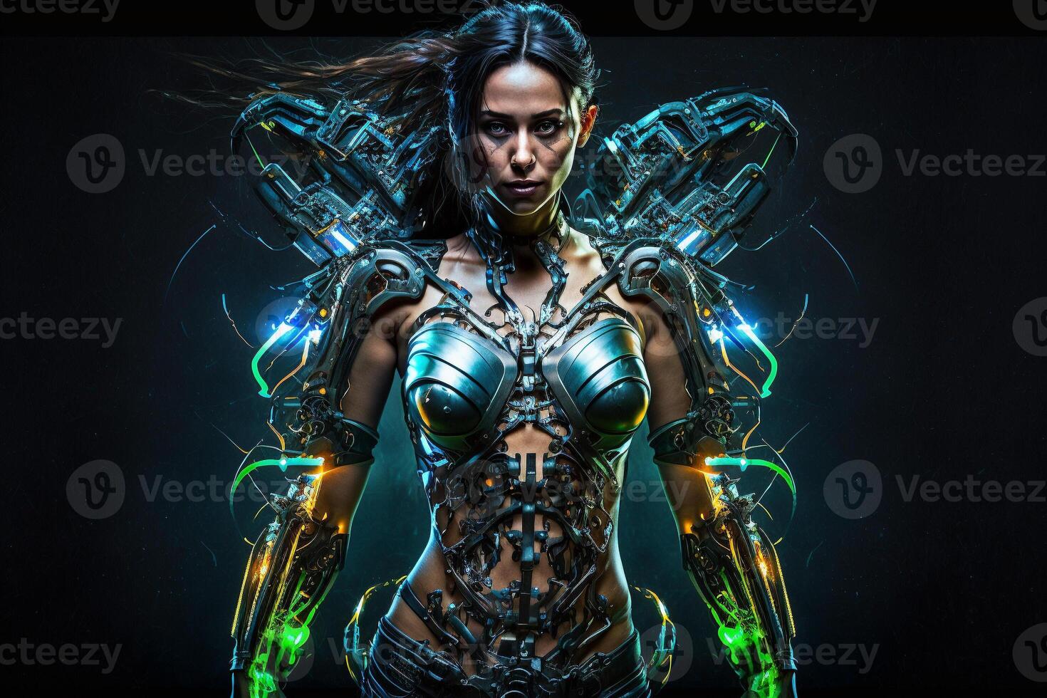 Female warrior wearing armor,Ready for battle,on a dark background. . photo
