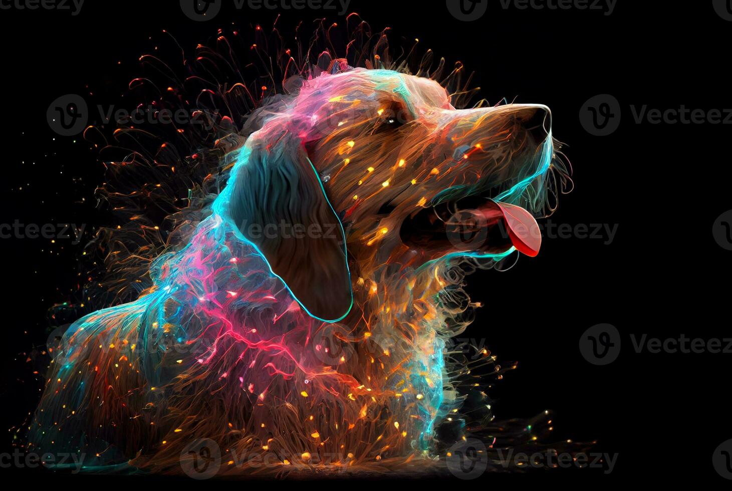 A drawing of a dog's energy explosion beautiful fantasy on dark  background.  Generative AI. photo