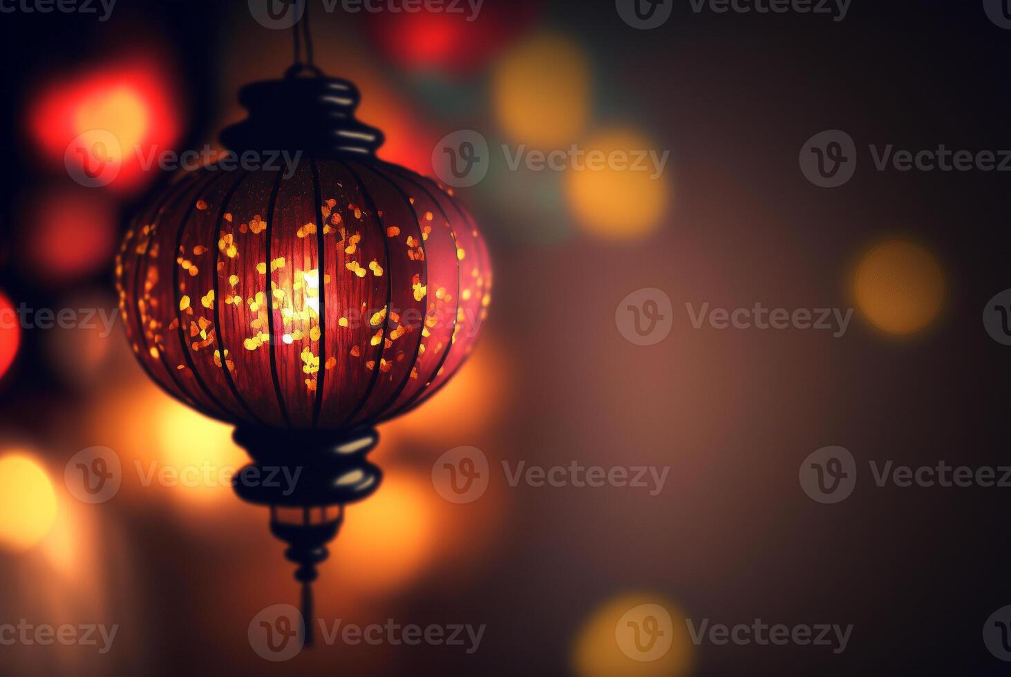 Happy Chinese New Year 2023 greeting card with traditional asian lanterns on red glowing banner background. . photo
