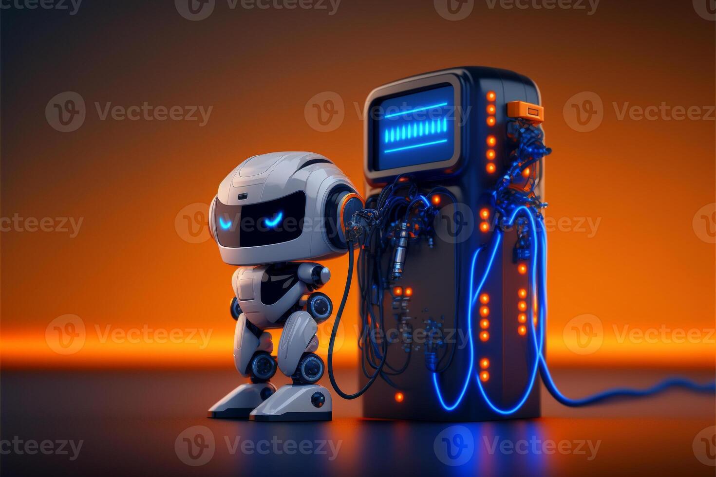 Robot character. Futuristic 3D technology. Electric car charging station. . photo