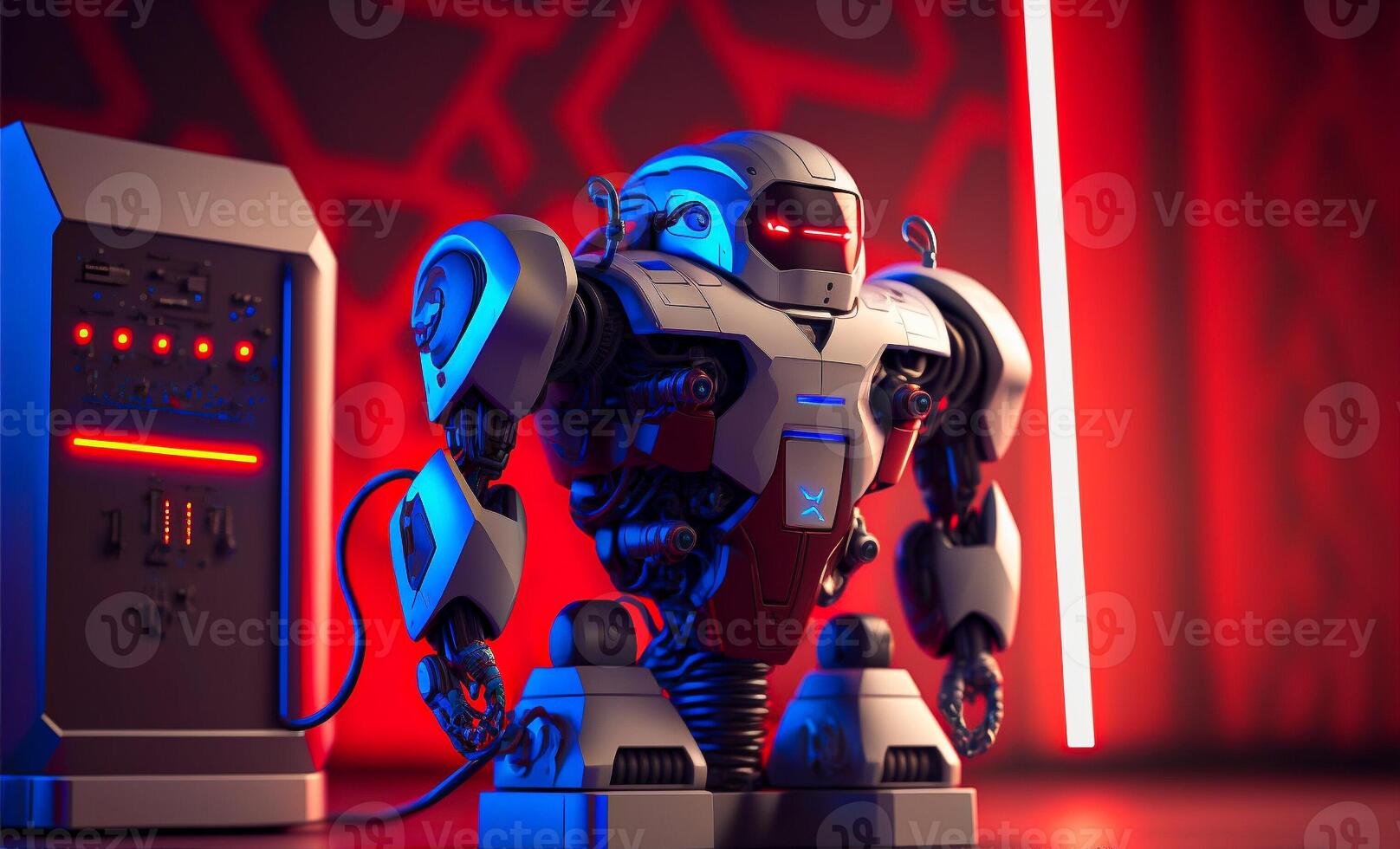 Robot character. Futuristic 3D technology. Electric car charging station. . photo