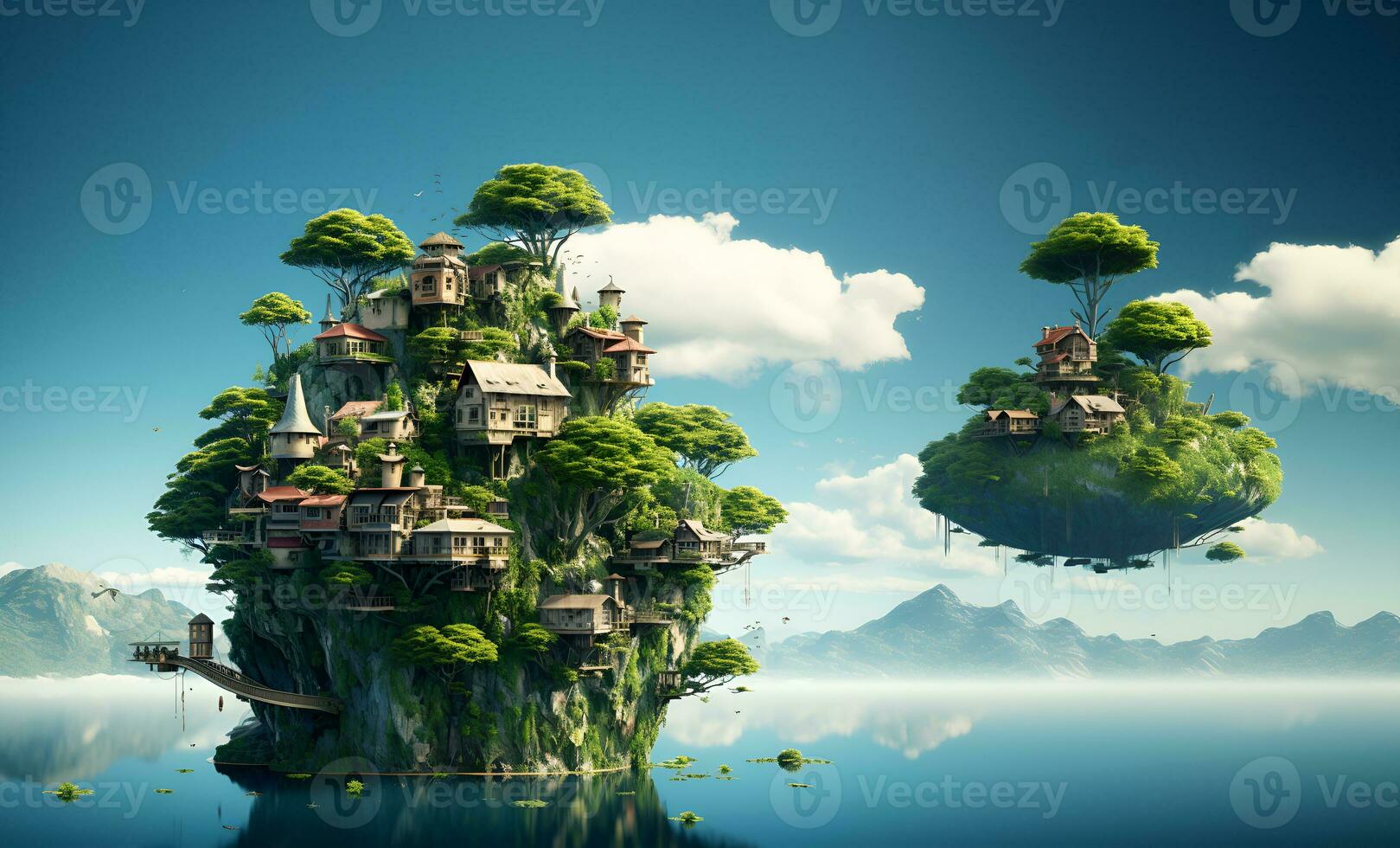 houses and trees on the island on a bright color background. AI Generative. photo