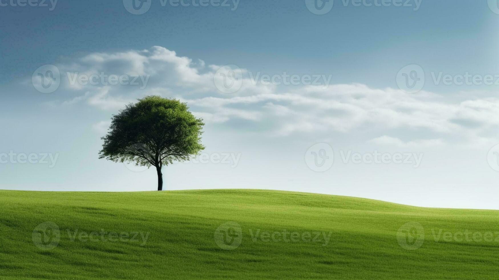 Green meadow and alone green tree. AI Generative. photo