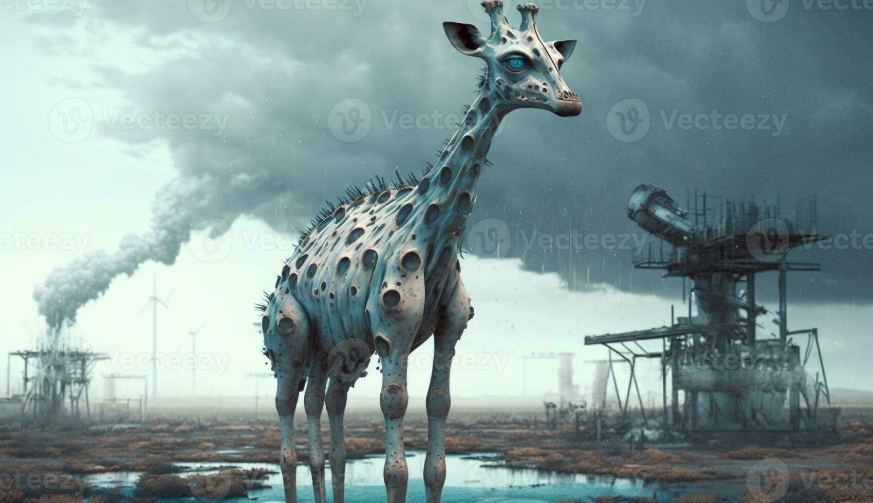 giraffe standing in front toxic mass from chemical. Generative AI. photo