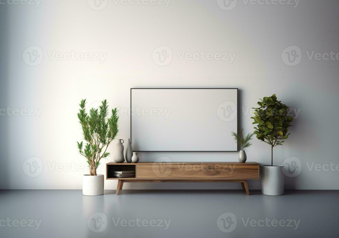 blanco vivo habitación interior foto con sofá vendaje mesa florero en de madera piso y carteles en grande paredes.generativas ai.