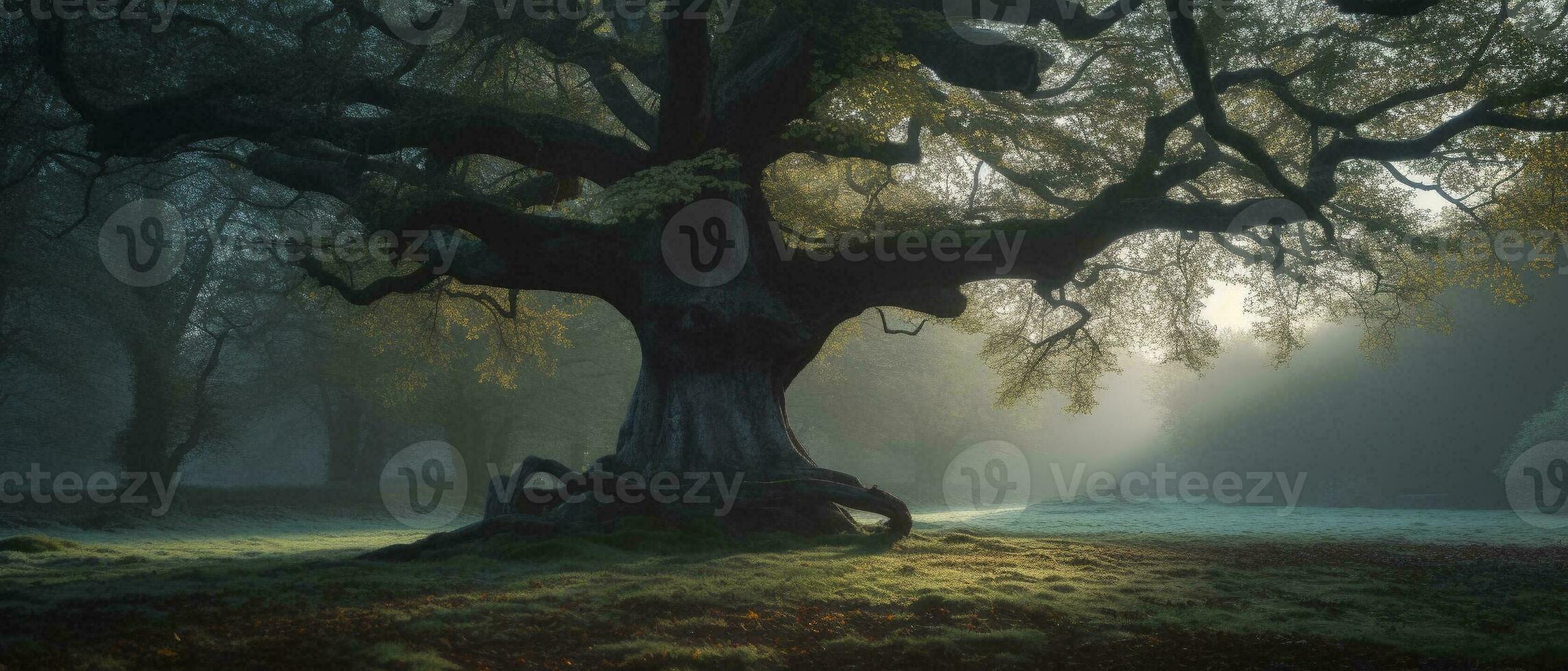 old oak tree foliage in morning light with sunlight on emp. Generative AI. photo