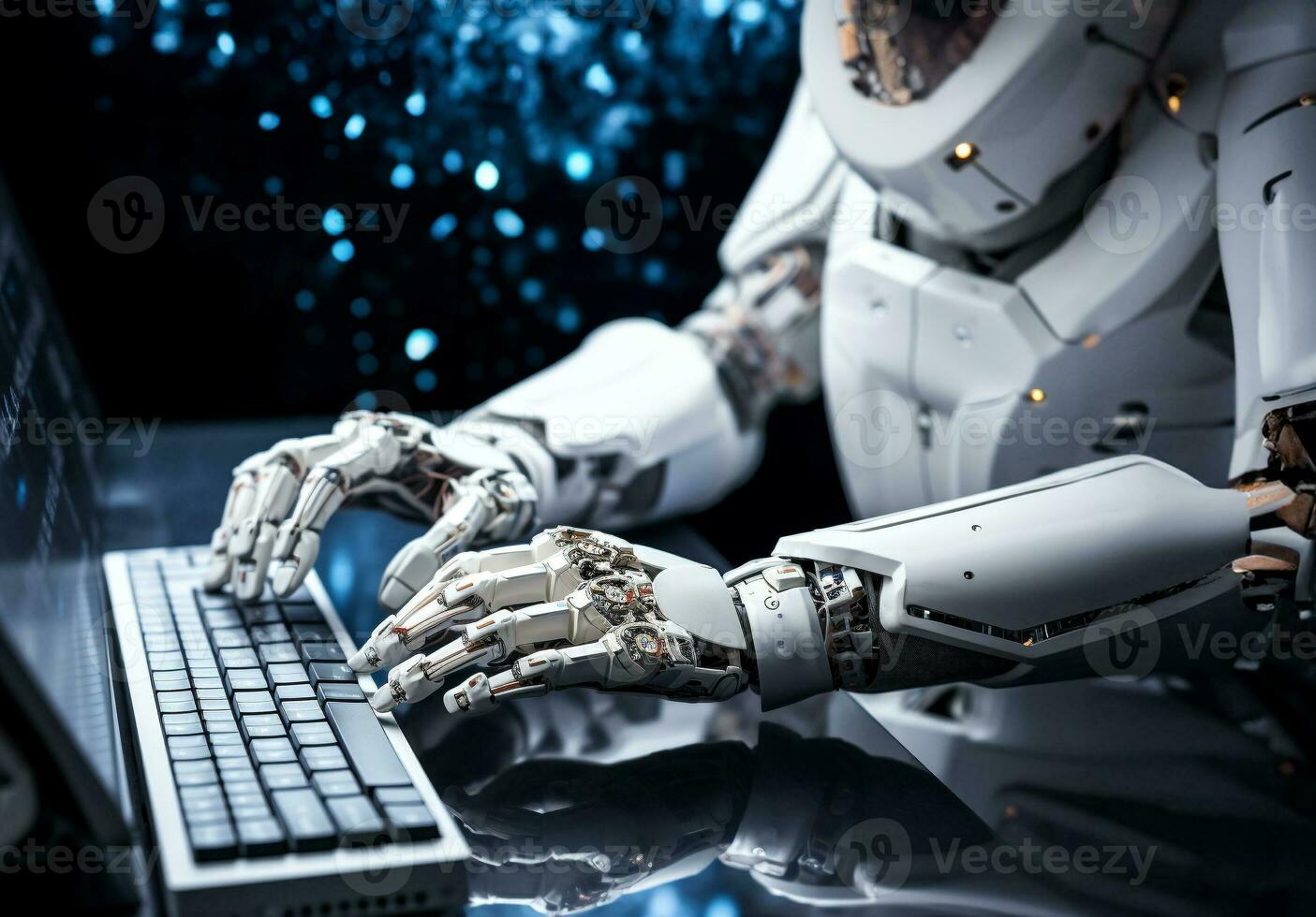 Top view of white robot hands on keyboard, graphs on empty space for text. AI Generative. photo