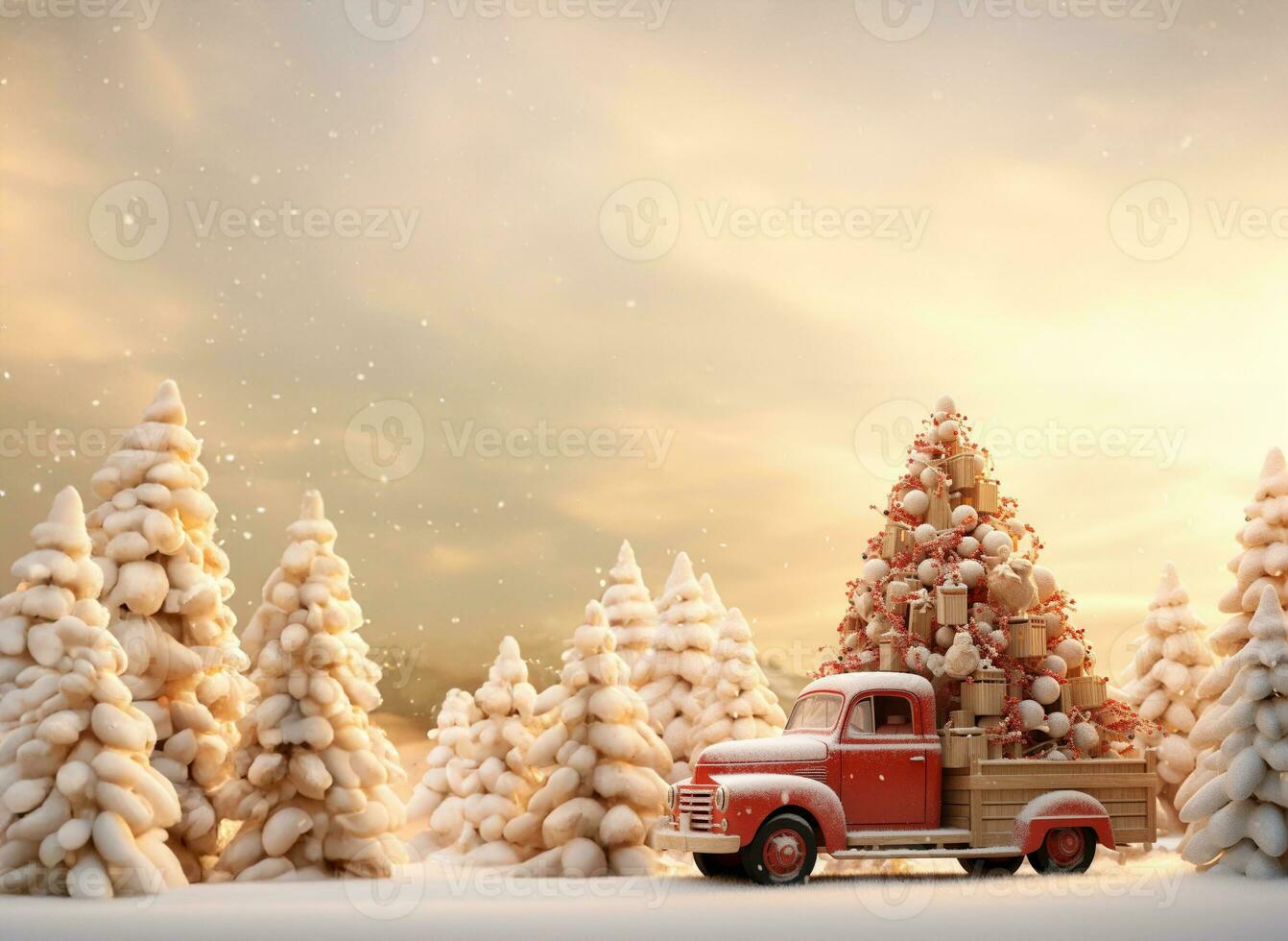 vintage truck with christmas tree merry christmas.  AI Generative. photo