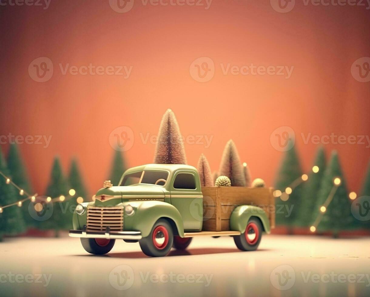 vintage truck with christmas tree merry christmas.  AI Generative. photo