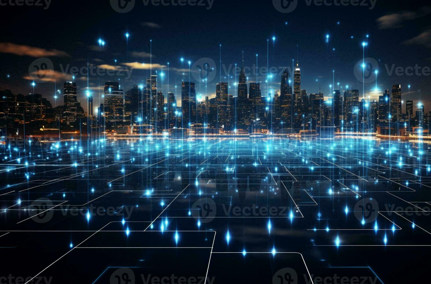 Creative telecommunication internet network connect in smart city, wireless digital connection. AI Generative. photo