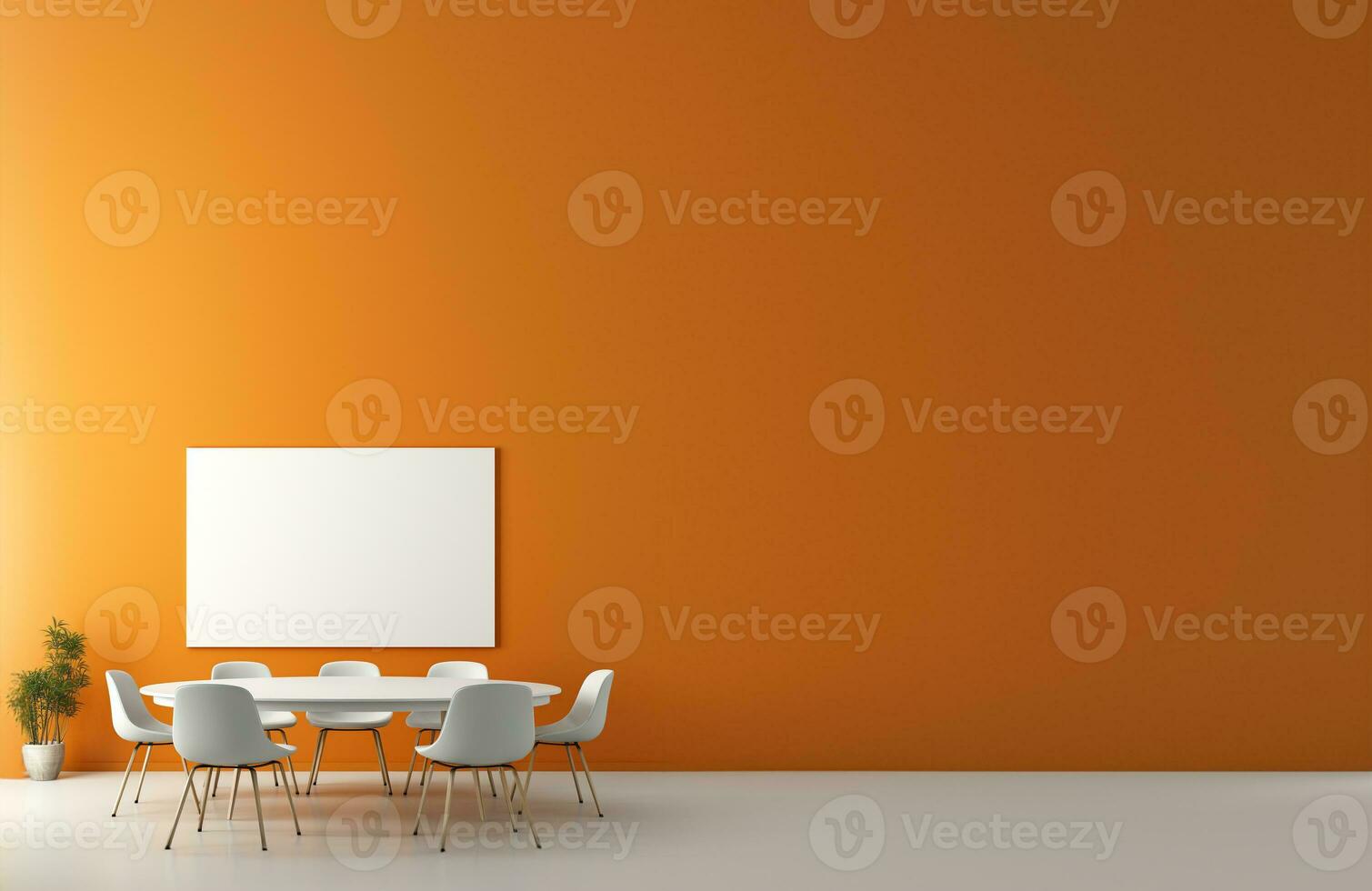 Interior of orange conference room with table and white chairs, empty space for text. AI Generative. photo