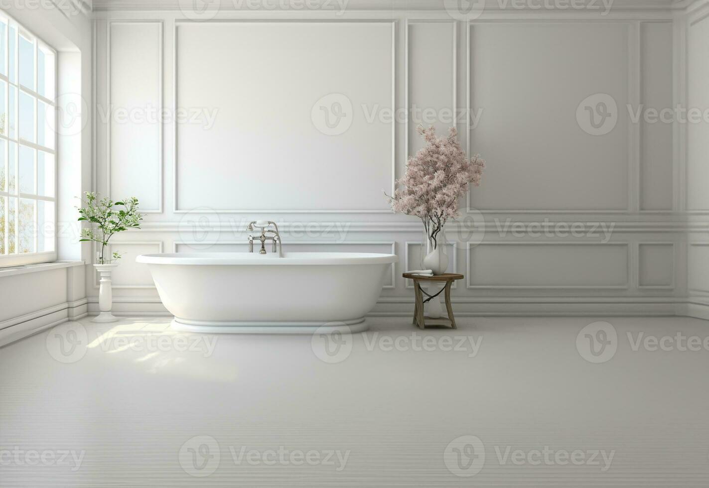 Gray tile bathroom interior with tub and double sink on empty space for text. AI Generative. photo